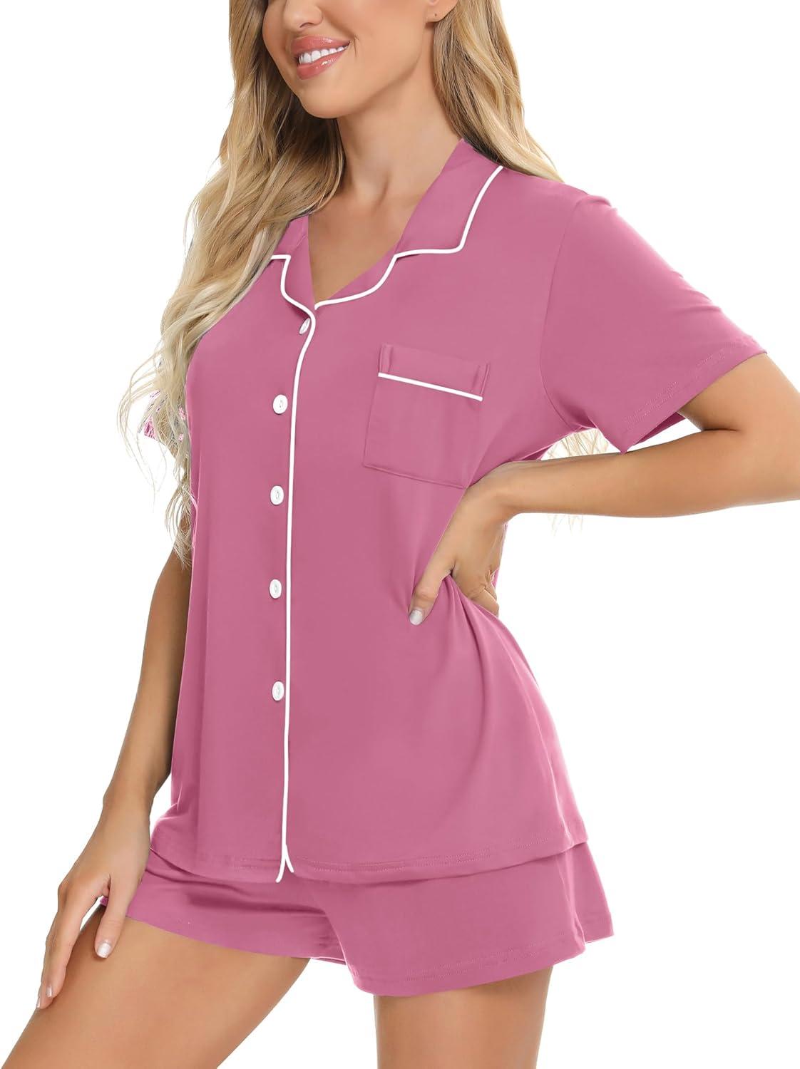 imageSWOMOG Womens Button Down Pajamas Set Short Sleeve Sleepwear Bride Soft Pj Lounge Sets XS3XLMauve