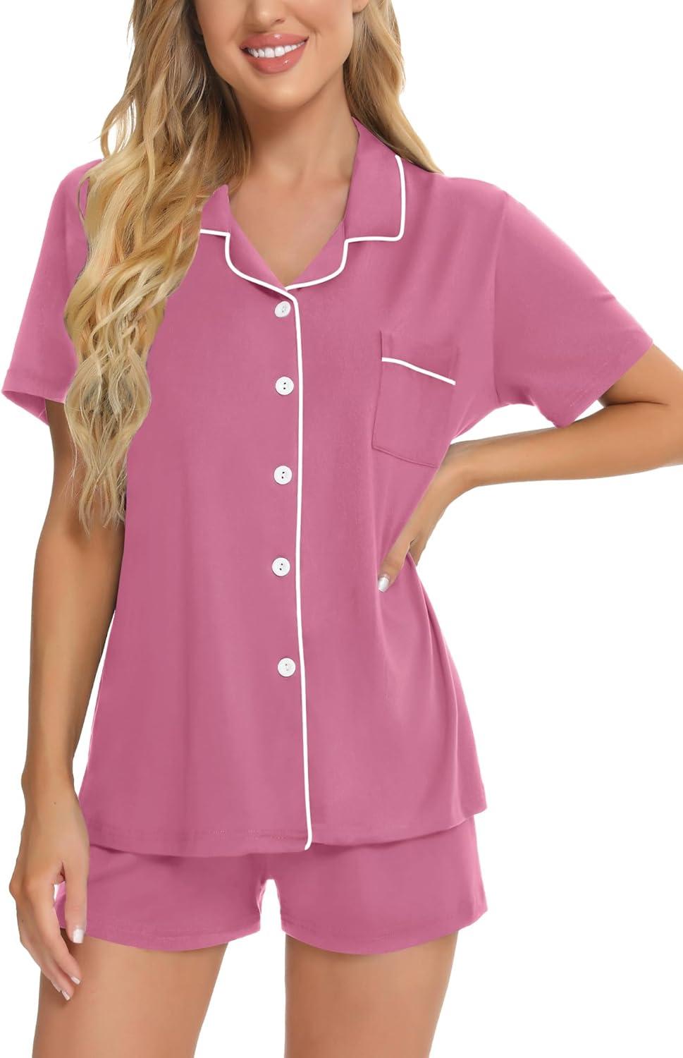 imageSWOMOG Womens Button Down Pajamas Set Short Sleeve Sleepwear Bride Soft Pj Lounge Sets XS3XLMauve