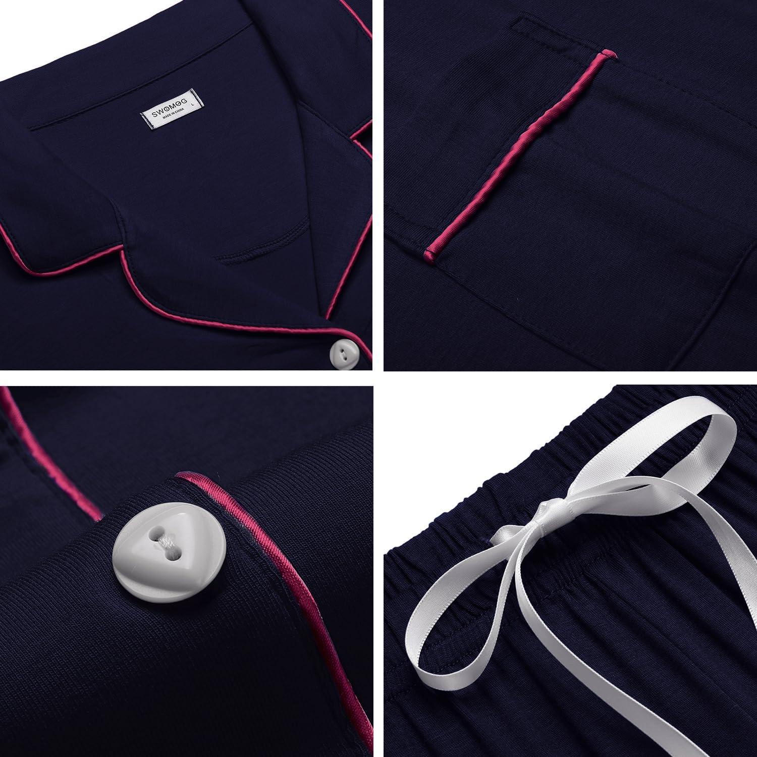 imageSWOMOG Womens Button Down Pajamas Set Short Sleeve Sleepwear Bride Soft Pj Lounge Sets XS3XLNavy Blue