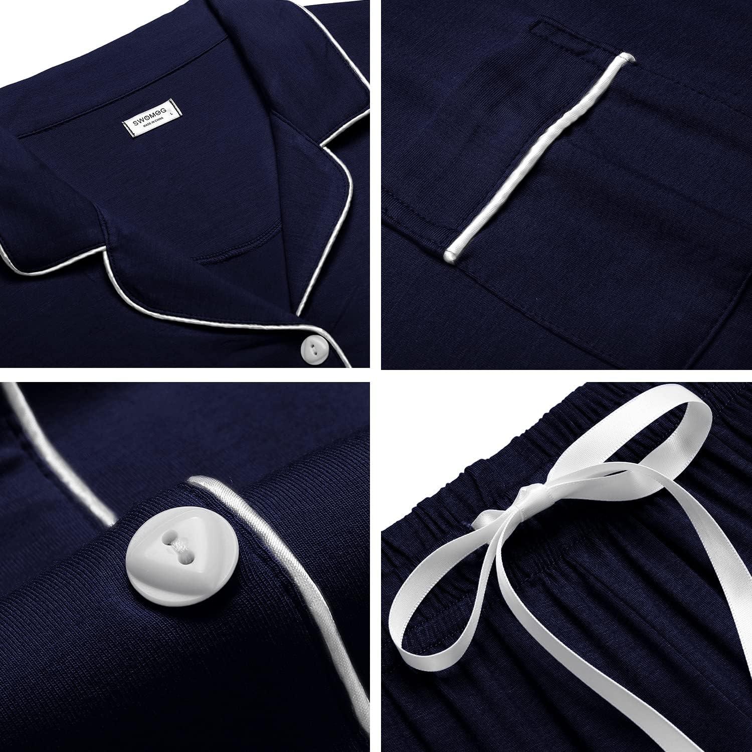 imageSWOMOG Womens Button Down Pajamas Set Short Sleeve Sleepwear Bride Soft Pj Lounge Sets XS3XLNavy Blue White