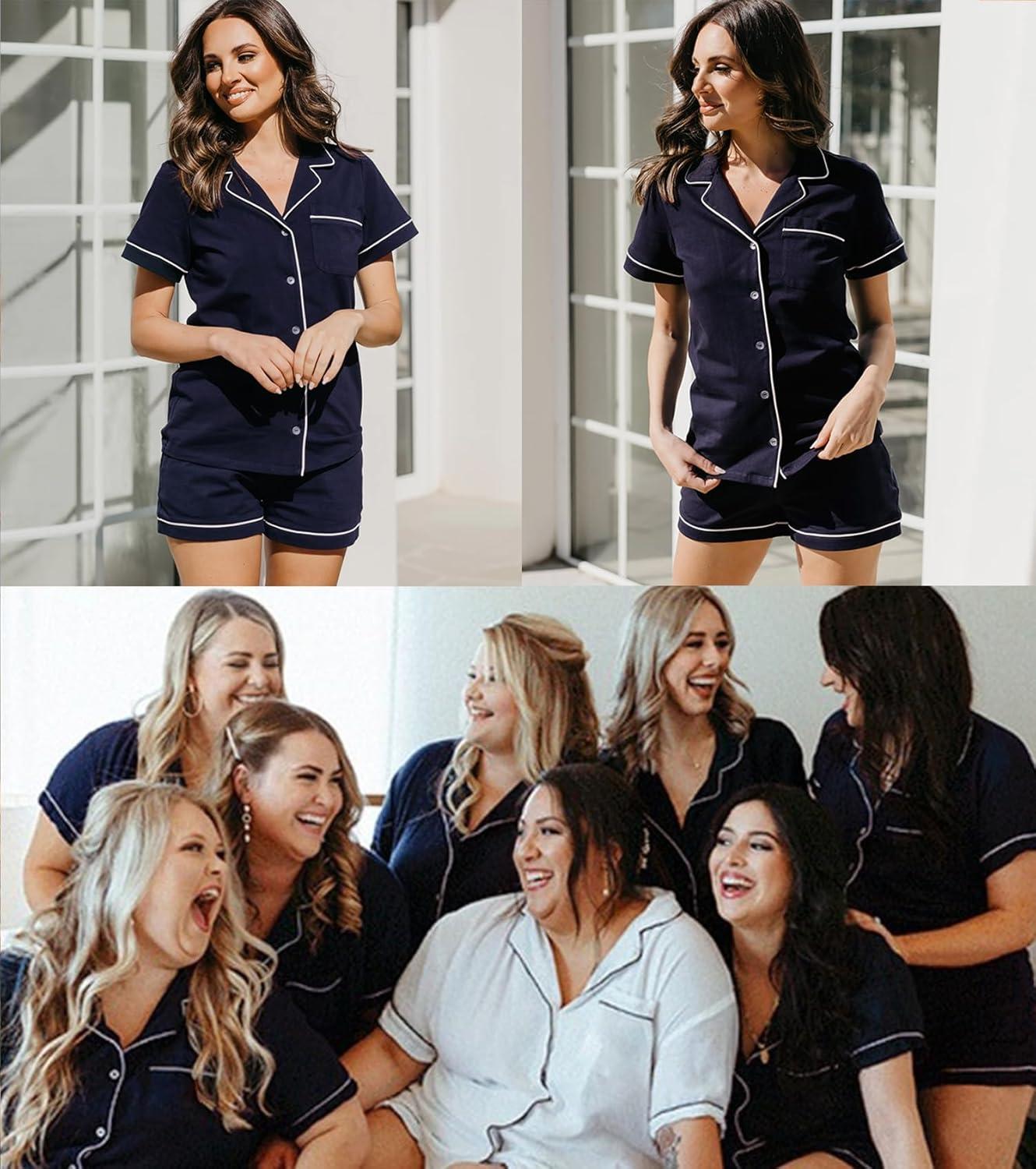 imageSWOMOG Womens Button Down Pajamas Set Short Sleeve Sleepwear Bride Soft Pj Lounge Sets XS3XLNavy Blue White