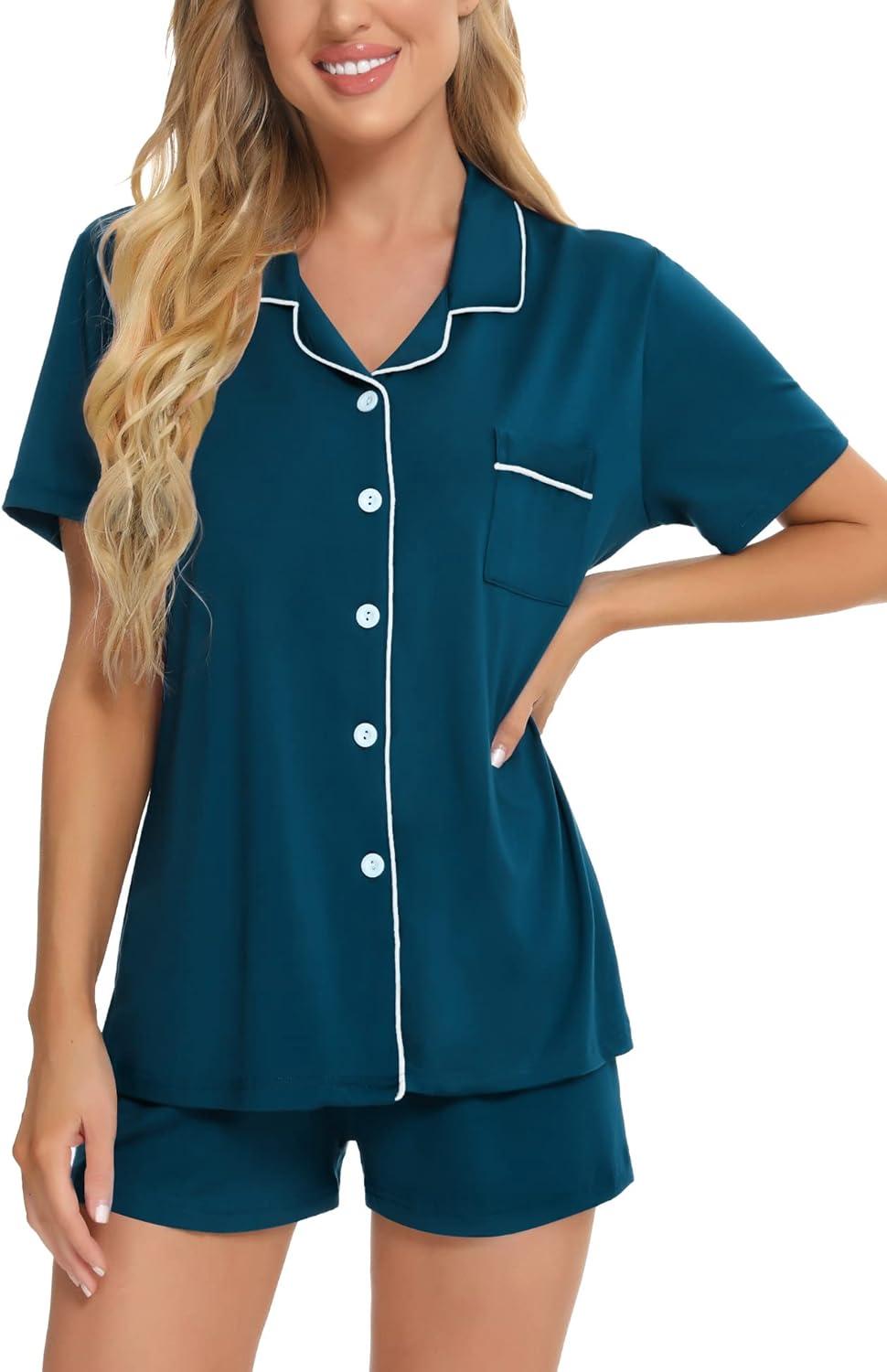 imageSWOMOG Womens Button Down Pajamas Set Short Sleeve Sleepwear Bride Soft Pj Lounge Sets XS3XLOxford Blue