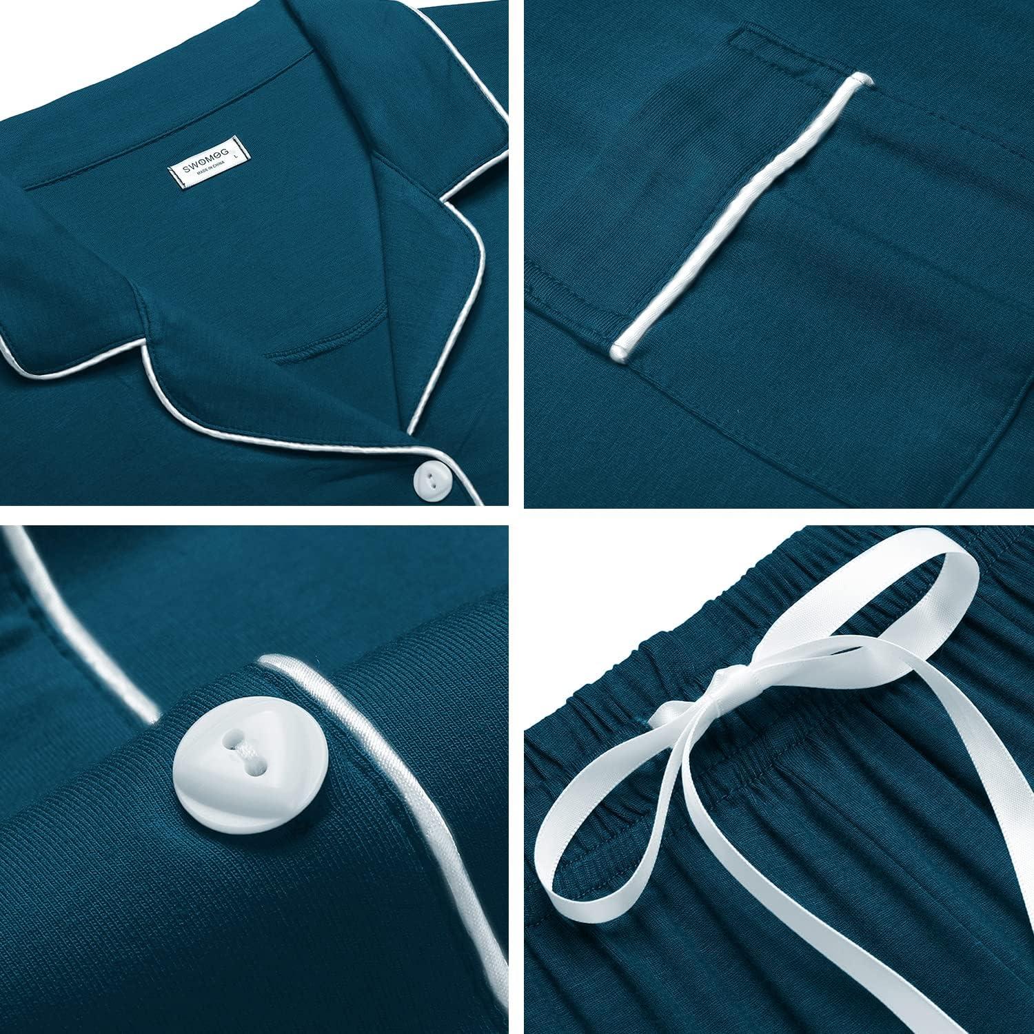 imageSWOMOG Womens Button Down Pajamas Set Short Sleeve Sleepwear Bride Soft Pj Lounge Sets XS3XLOxford Blue
