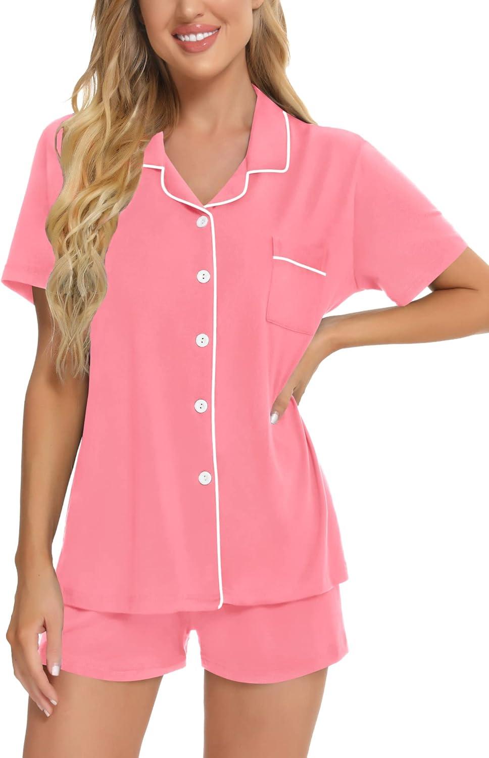 imageSWOMOG Womens Button Down Pajamas Set Short Sleeve Sleepwear Bride Soft Pj Lounge Sets XS3XLPeach Pink