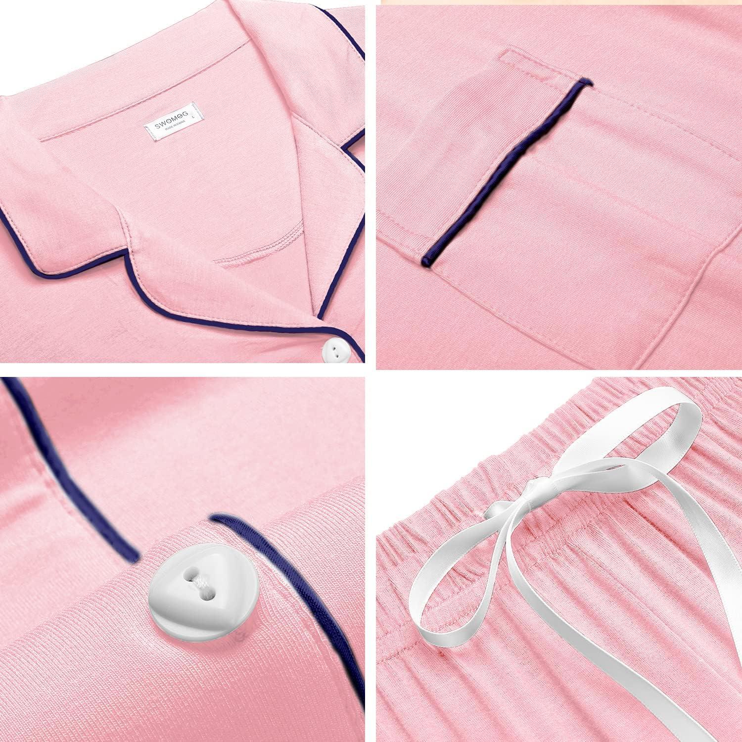 imageSWOMOG Womens Button Down Pajamas Set Short Sleeve Sleepwear Bride Soft Pj Lounge Sets XS3XLPink