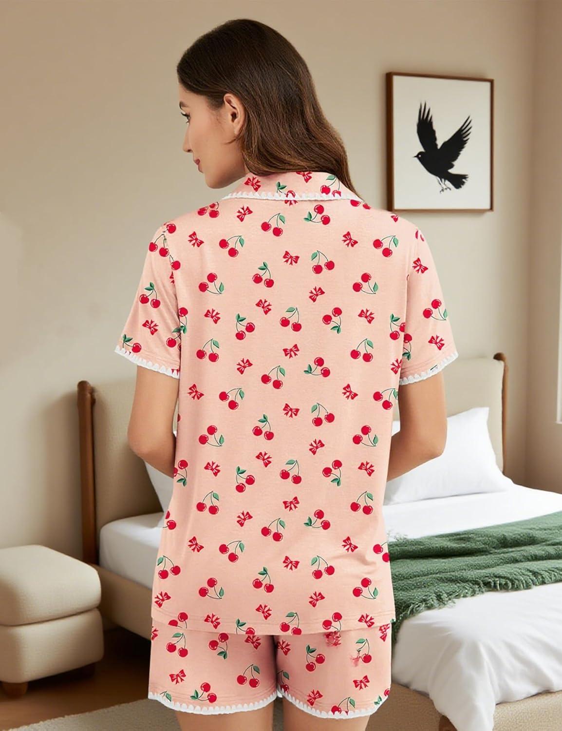 imageSWOMOG Womens Button Down Pajamas Set Short Sleeve Sleepwear Bride Soft Pj Lounge Sets XS3XLPink Cherry With Wavy Trim