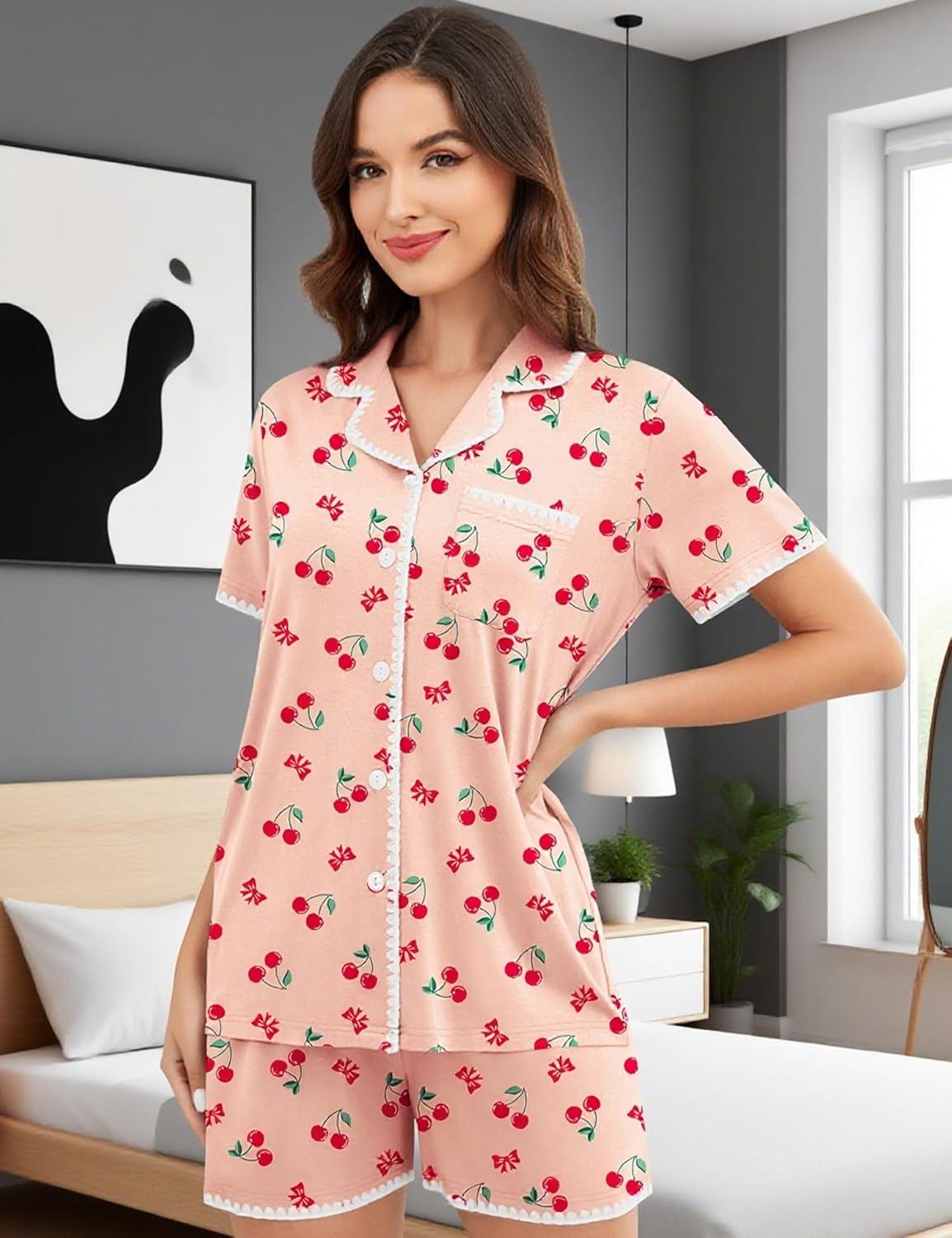 imageSWOMOG Womens Button Down Pajamas Set Short Sleeve Sleepwear Bride Soft Pj Lounge Sets XS3XLPink Cherry With Wavy Trim