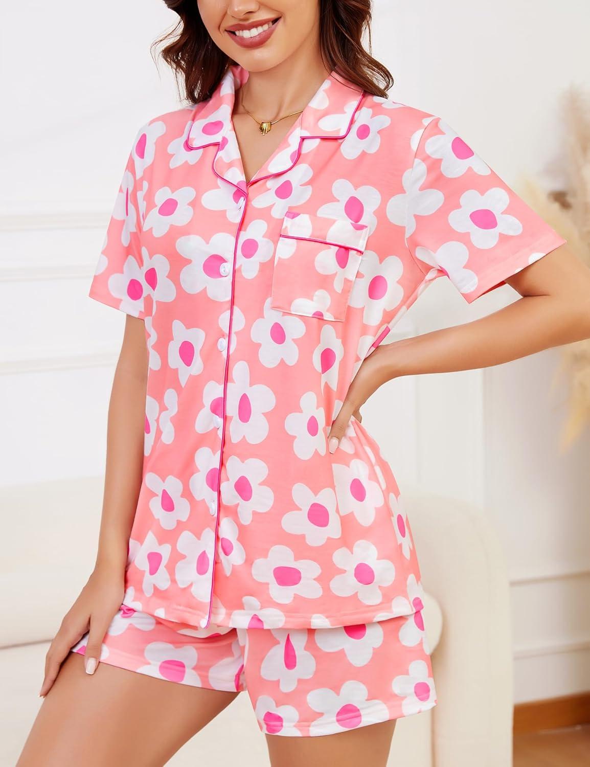 imageSWOMOG Womens Button Down Pajamas Set Short Sleeve Sleepwear Bride Soft Pj Lounge Sets XS3XLPink Floral