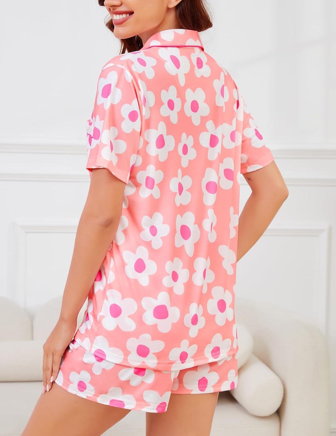 imageSWOMOG Womens Button Down Pajamas Set Short Sleeve Sleepwear Bride Soft Pj Lounge Sets XS3XLPink Floral