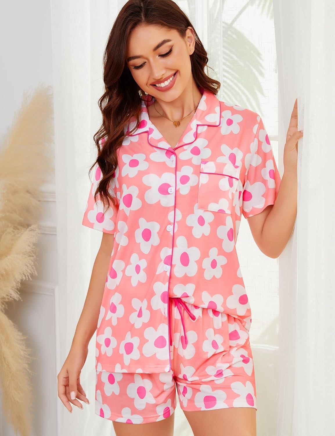 imageSWOMOG Womens Button Down Pajamas Set Short Sleeve Sleepwear Bride Soft Pj Lounge Sets XS3XLPink Floral