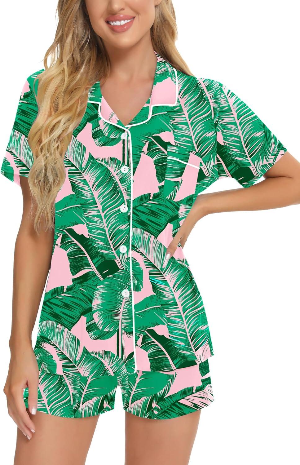 imageSWOMOG Womens Button Down Pajamas Set Short Sleeve Sleepwear Bride Soft Pj Lounge Sets XS3XLPink Leaves