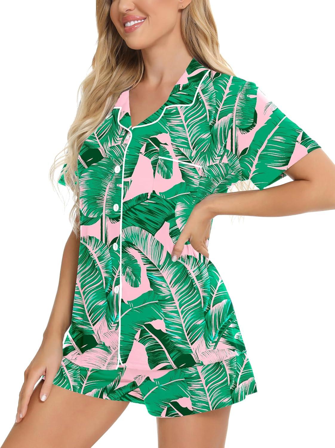 imageSWOMOG Womens Button Down Pajamas Set Short Sleeve Sleepwear Bride Soft Pj Lounge Sets XS3XLPink Leaves