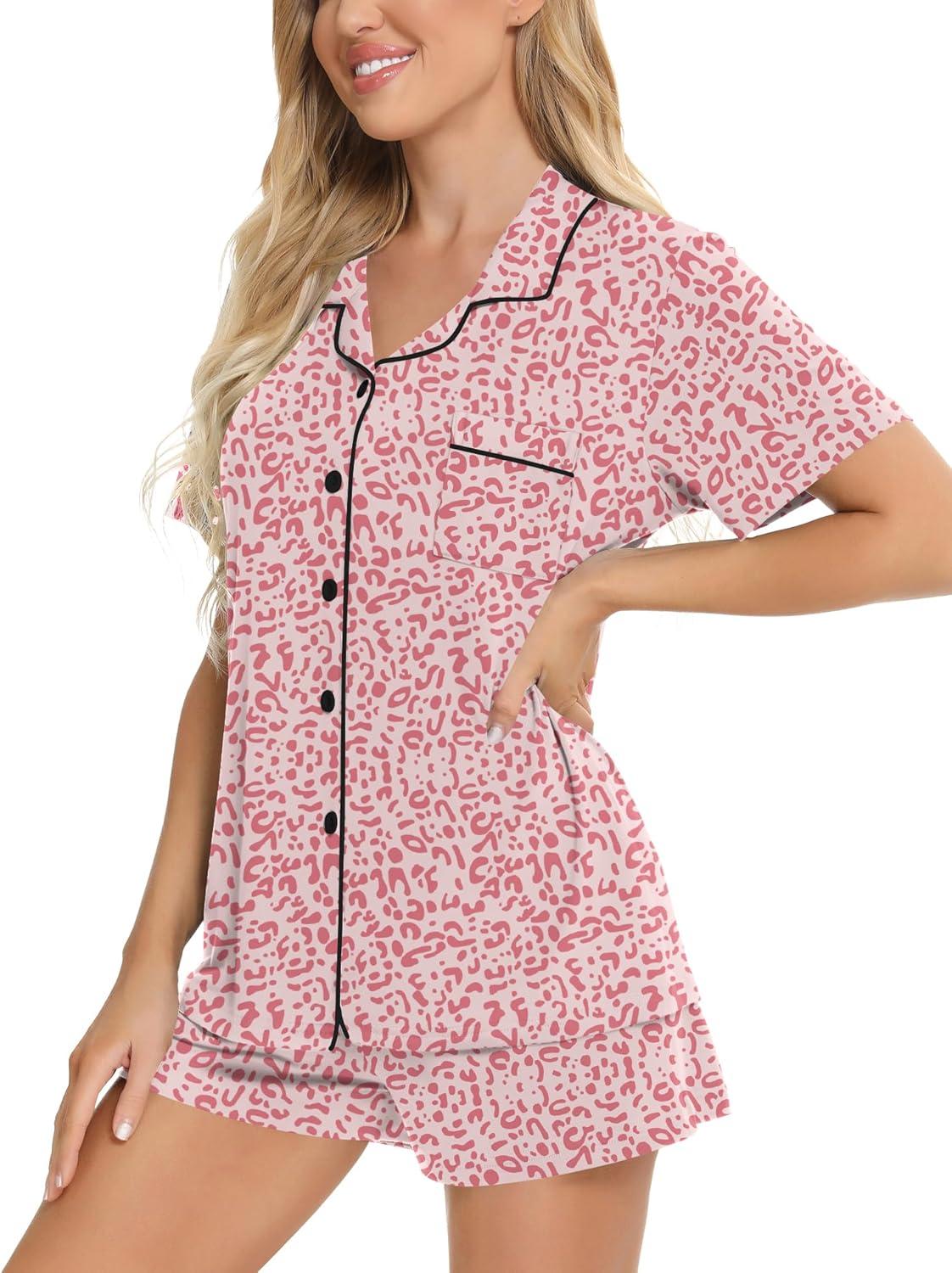 imageSWOMOG Womens Button Down Pajamas Set Short Sleeve Sleepwear Bride Soft Pj Lounge Sets XS3XLPink Leopard