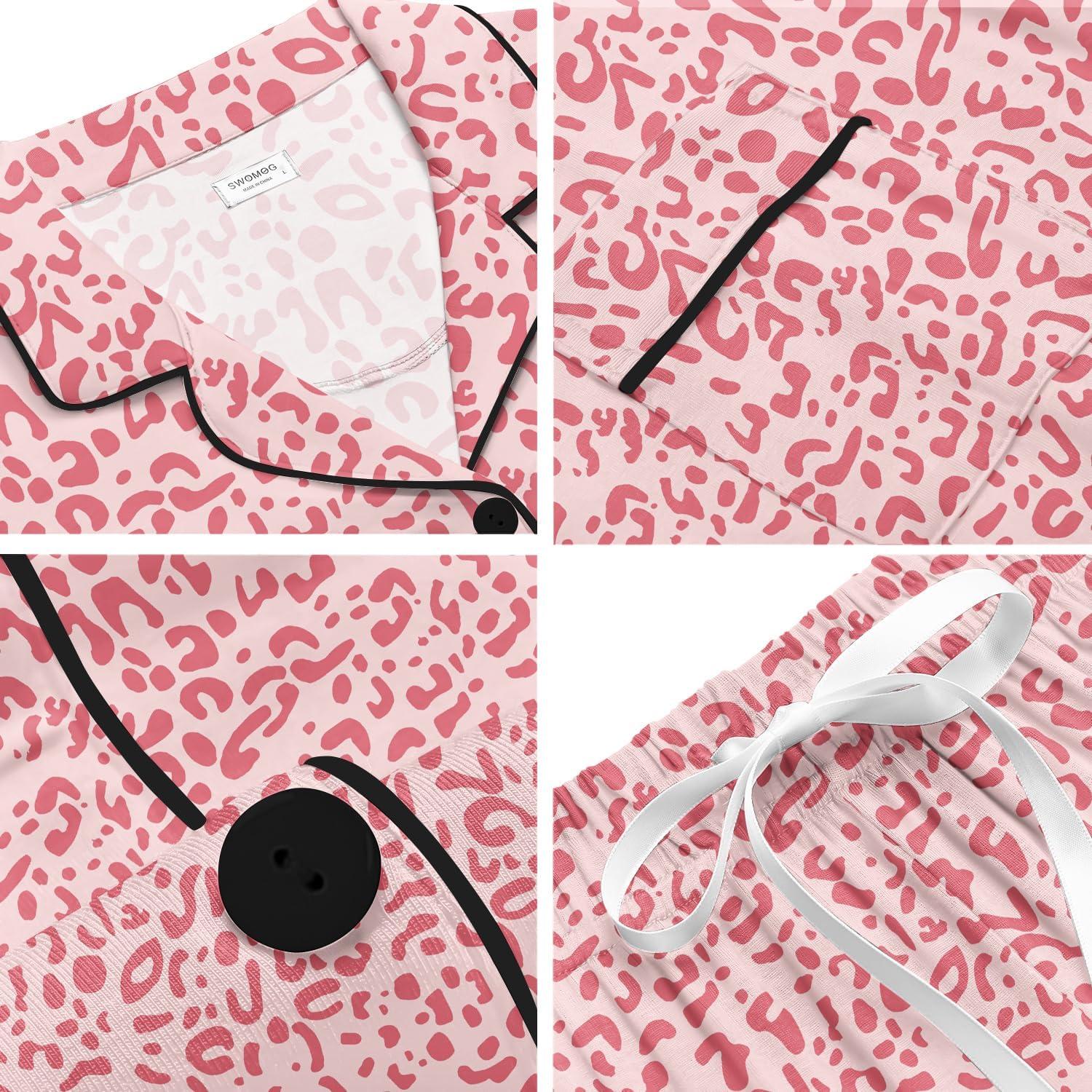 imageSWOMOG Womens Button Down Pajamas Set Short Sleeve Sleepwear Bride Soft Pj Lounge Sets XS3XLPink Leopard