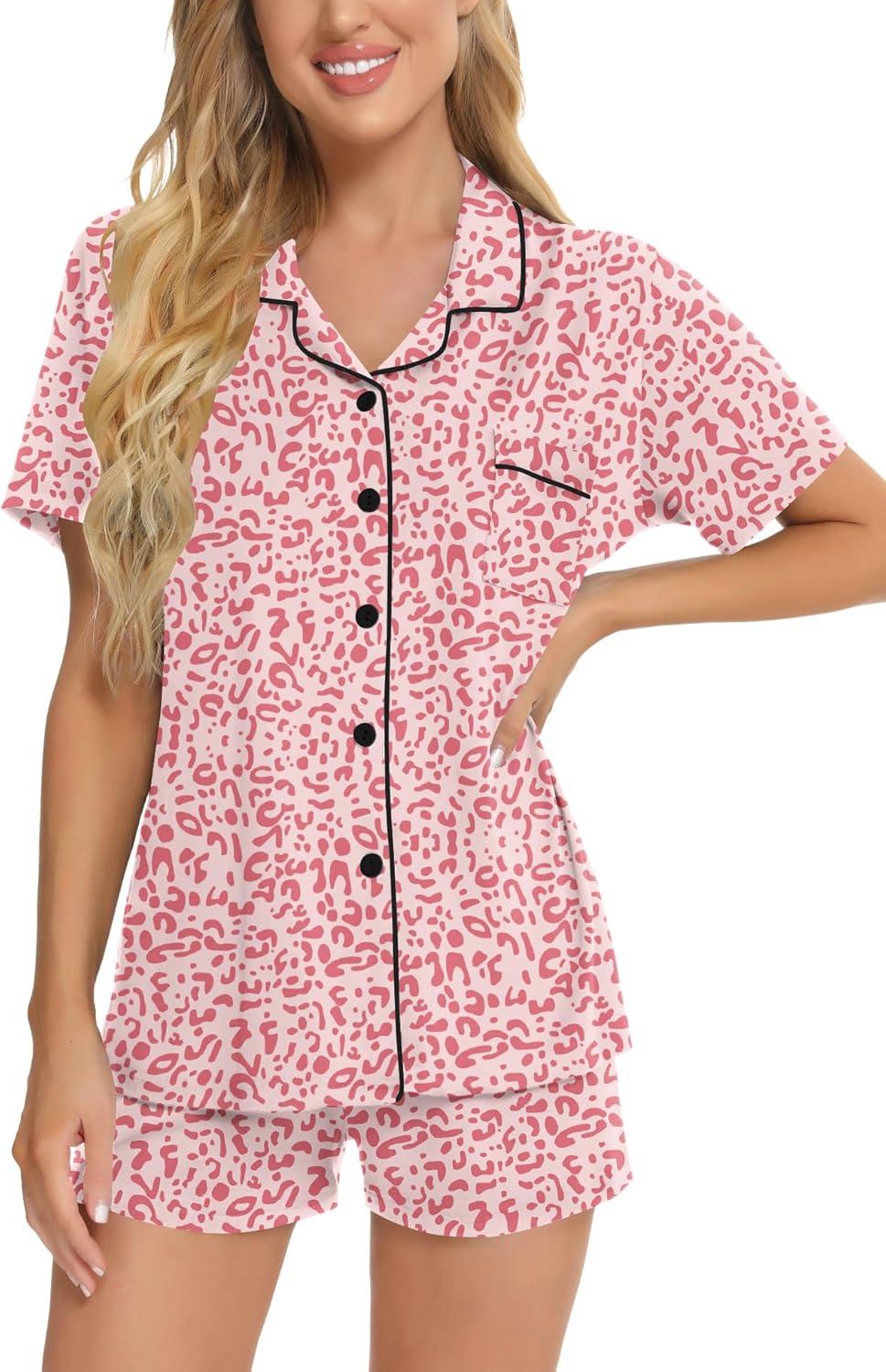 imageSWOMOG Womens Button Down Pajamas Set Short Sleeve Sleepwear Bride Soft Pj Lounge Sets XS3XLPink Leopard