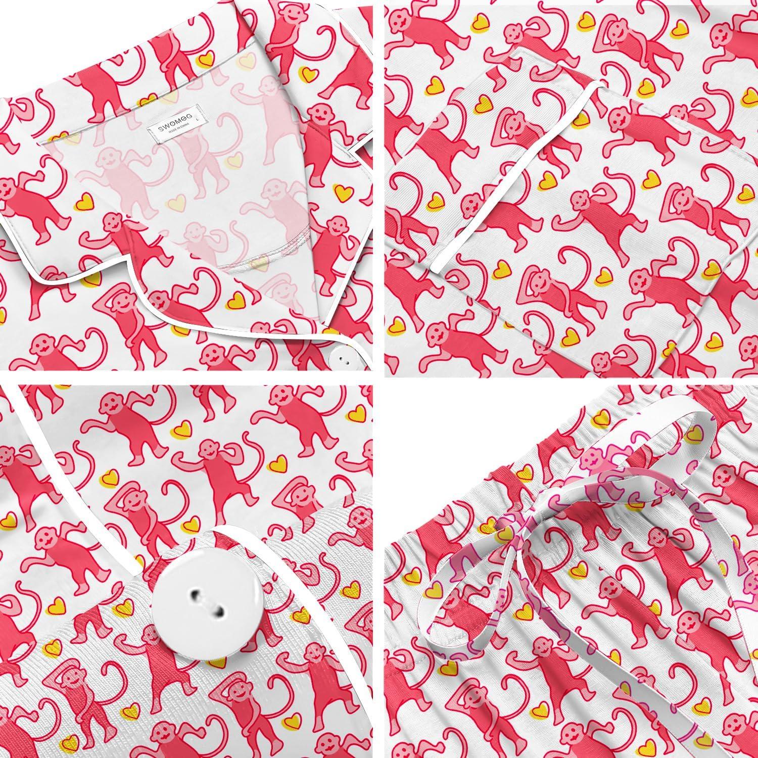 imageSWOMOG Womens Button Down Pajamas Set Short Sleeve Sleepwear Bride Soft Pj Lounge Sets XS3XLPink Monkey