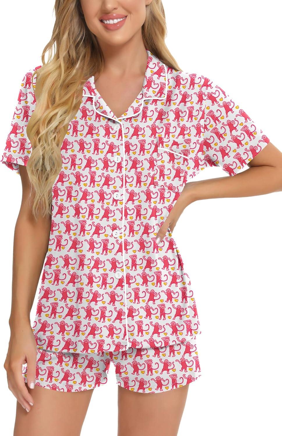 imageSWOMOG Womens Button Down Pajamas Set Short Sleeve Sleepwear Bride Soft Pj Lounge Sets XS3XLPink Monkey