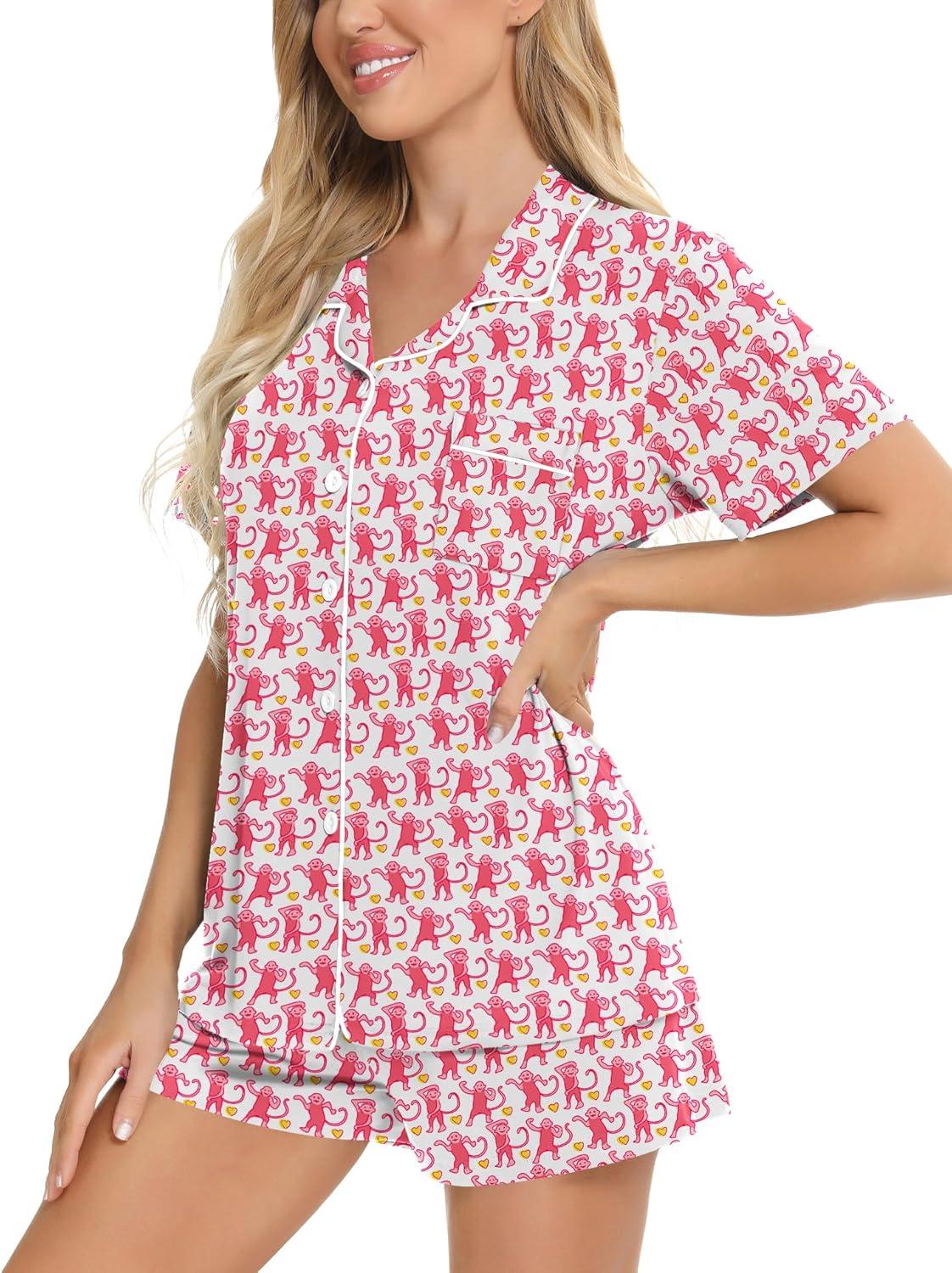 imageSWOMOG Womens Button Down Pajamas Set Short Sleeve Sleepwear Bride Soft Pj Lounge Sets XS3XLPink Monkey