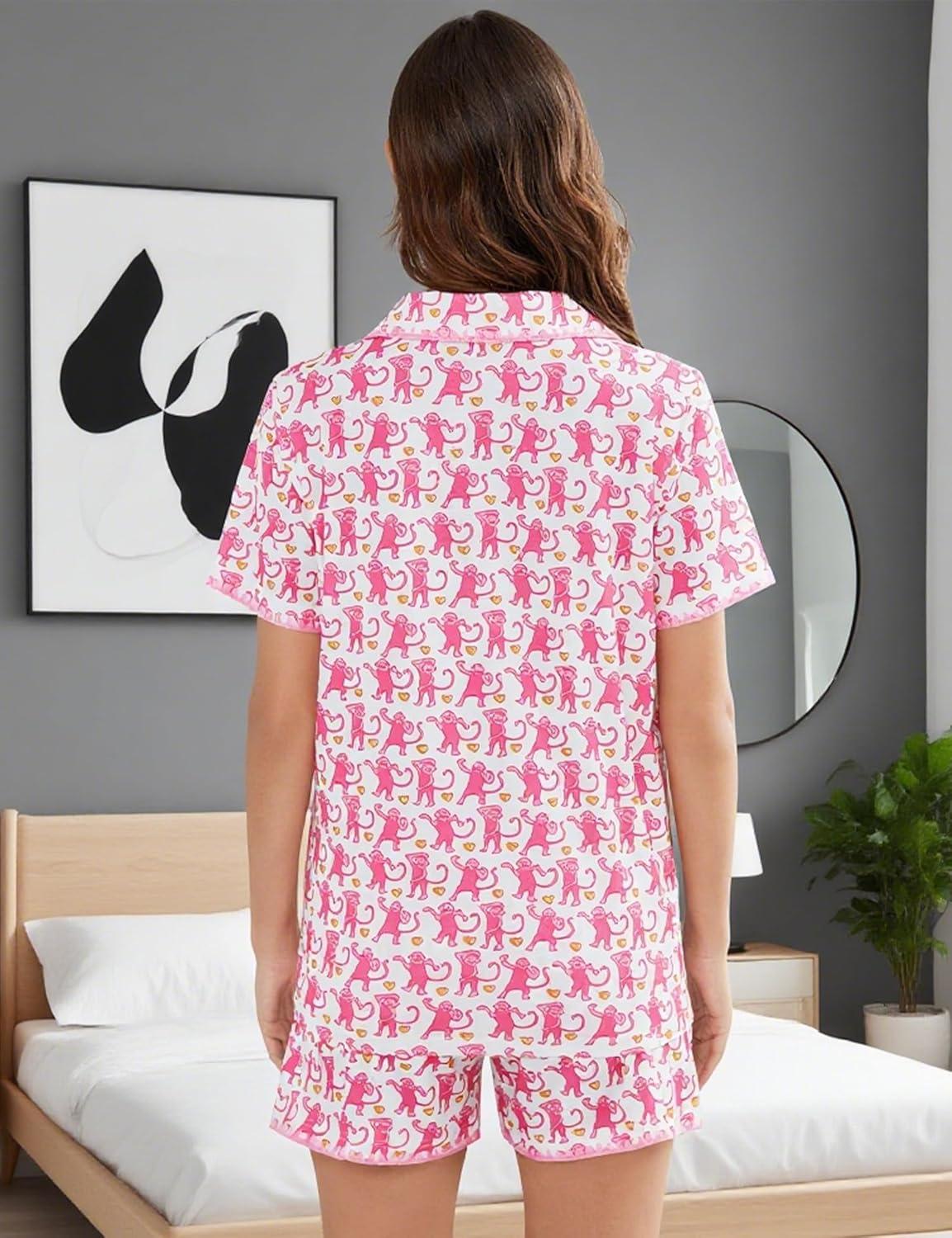 imageSWOMOG Womens Button Down Pajamas Set Short Sleeve Sleepwear Bride Soft Pj Lounge Sets XS3XLPink Monkey With Wavy Trim