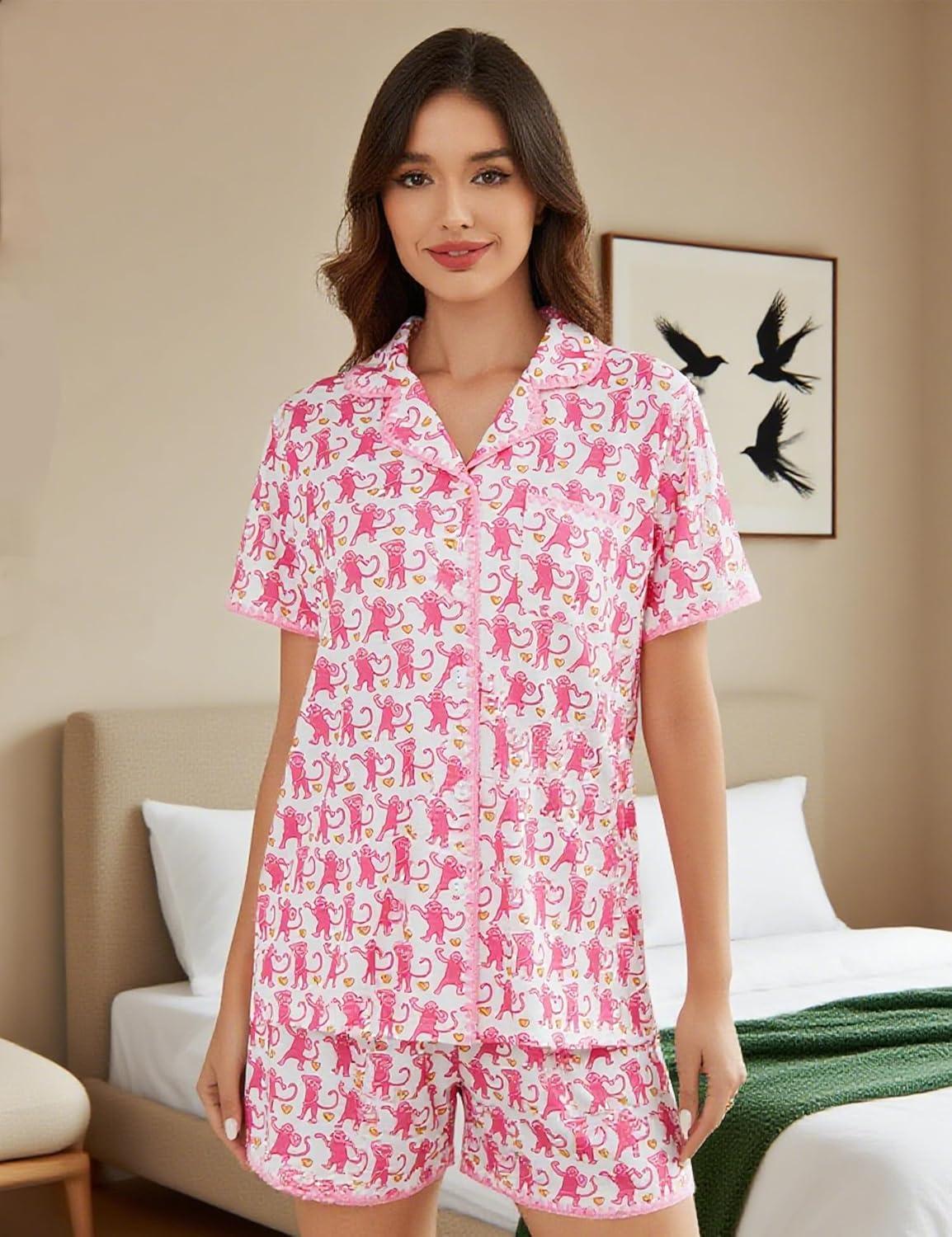 imageSWOMOG Womens Button Down Pajamas Set Short Sleeve Sleepwear Bride Soft Pj Lounge Sets XS3XLPink Monkey With Wavy Trim