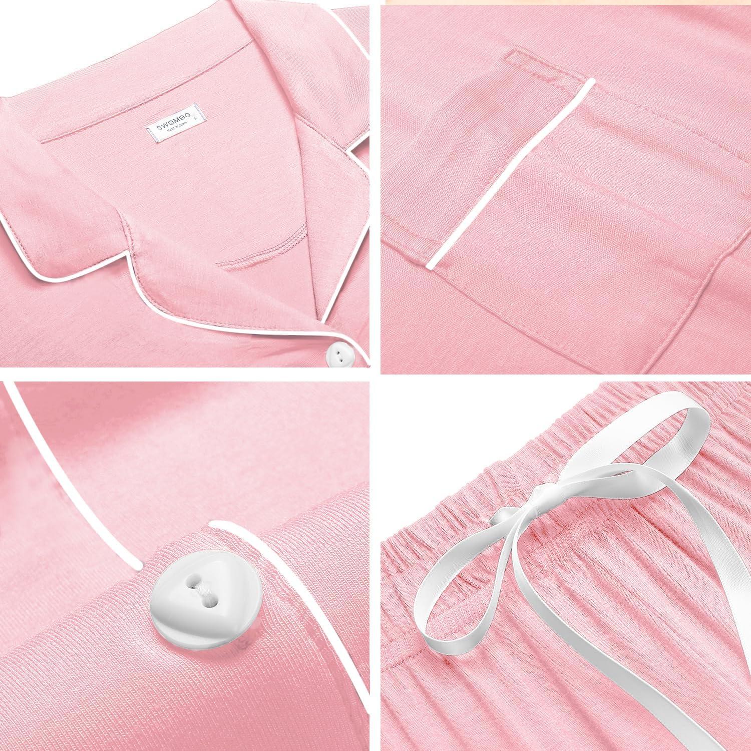 imageSWOMOG Womens Button Down Pajamas Set Short Sleeve Sleepwear Bride Soft Pj Lounge Sets XS3XLPink Piping Trim