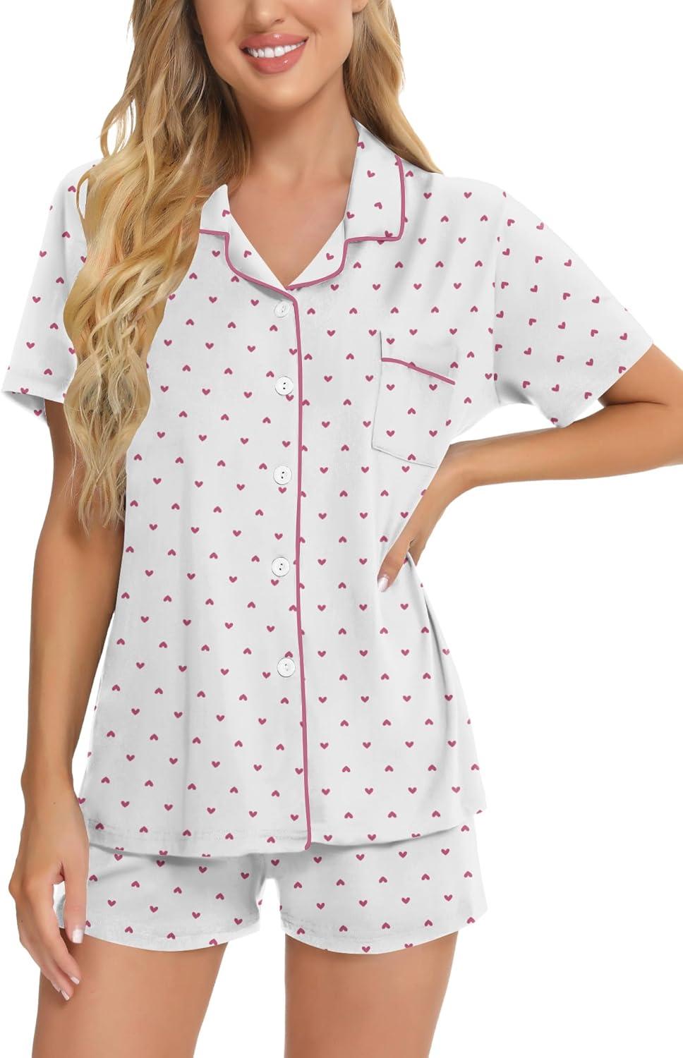 imageSWOMOG Womens Button Down Pajamas Set Short Sleeve Sleepwear Bride Soft Pj Lounge Sets XS3XLPink Polka Dot Hearts