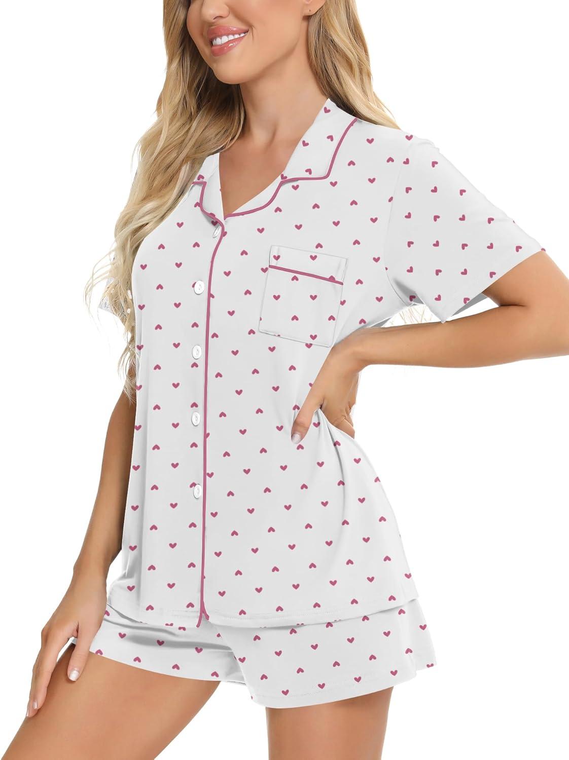imageSWOMOG Womens Button Down Pajamas Set Short Sleeve Sleepwear Bride Soft Pj Lounge Sets XS3XLPink Polka Dot Hearts