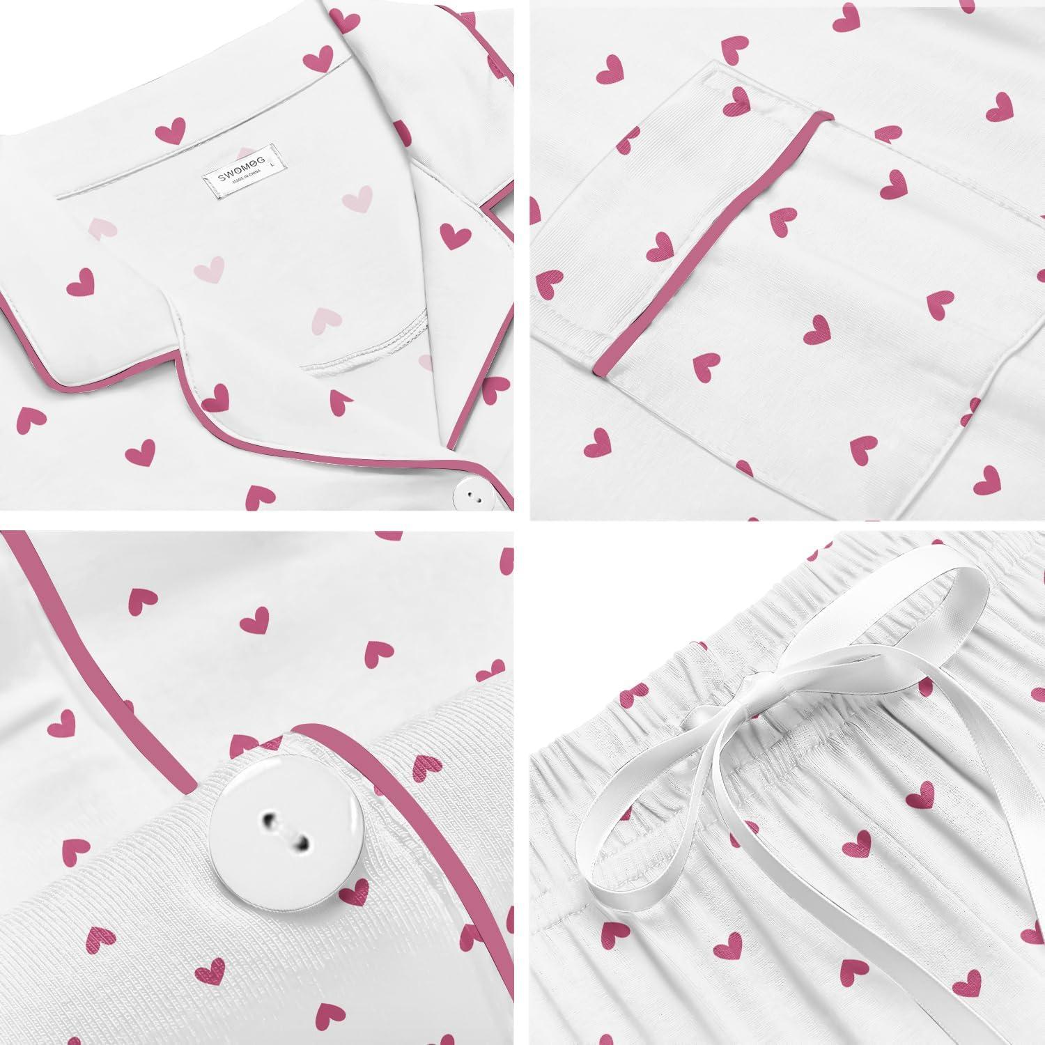 imageSWOMOG Womens Button Down Pajamas Set Short Sleeve Sleepwear Bride Soft Pj Lounge Sets XS3XLPink Polka Dot Hearts