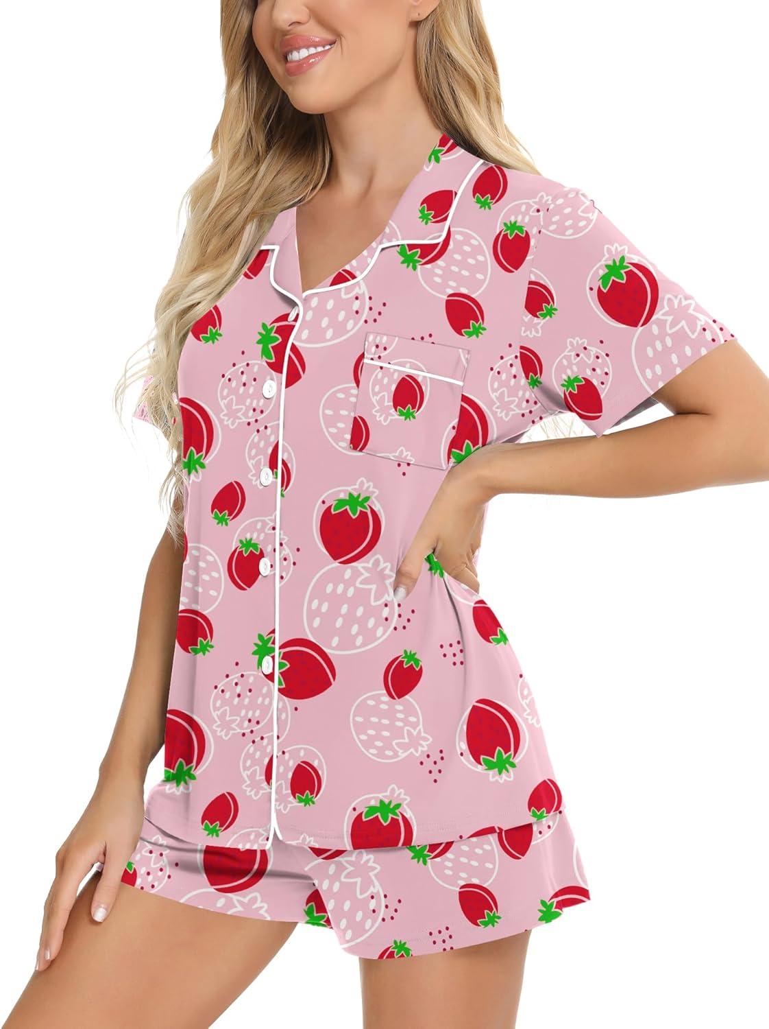 imageSWOMOG Womens Button Down Pajamas Set Short Sleeve Sleepwear Bride Soft Pj Lounge Sets XS3XLPink Strawberry