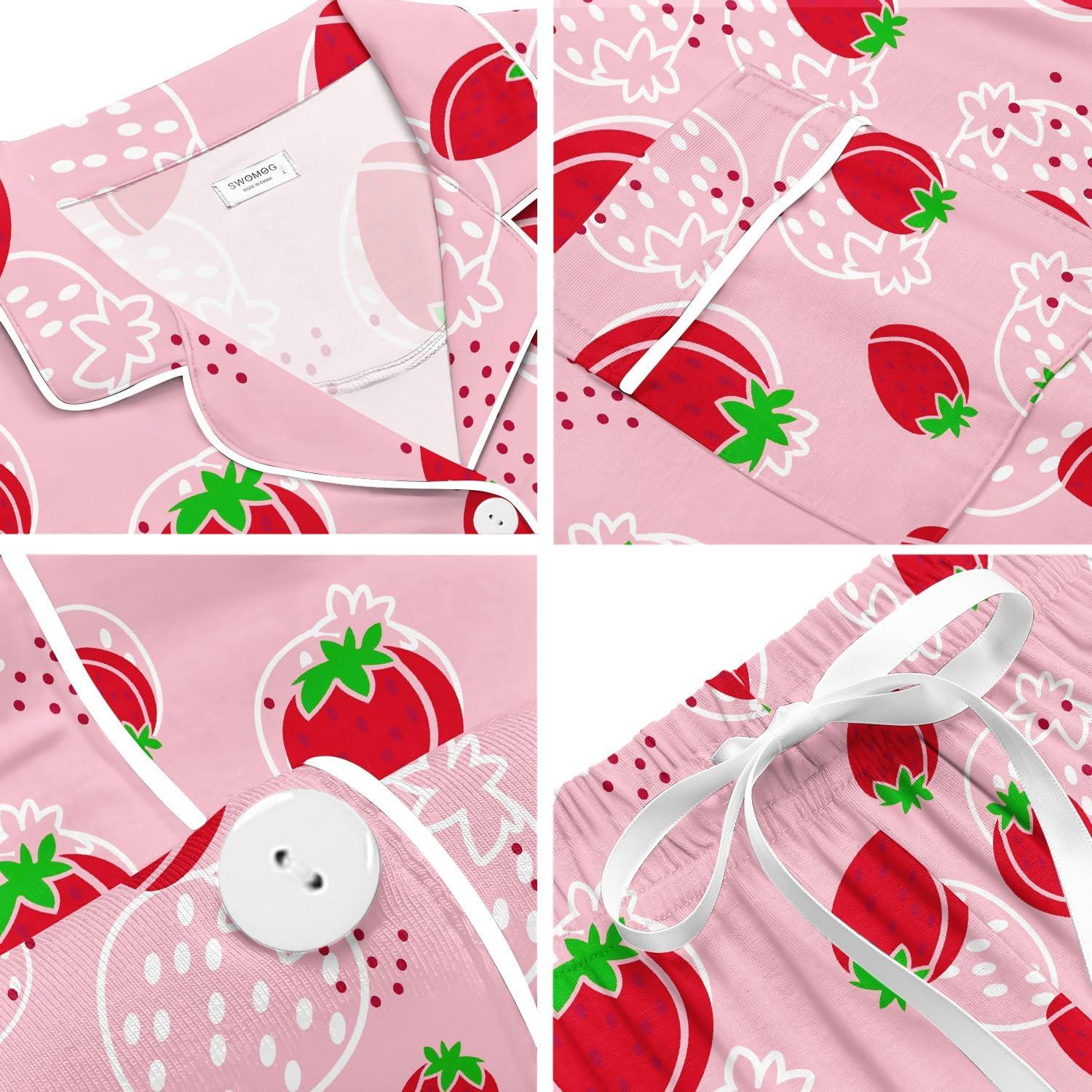imageSWOMOG Womens Button Down Pajamas Set Short Sleeve Sleepwear Bride Soft Pj Lounge Sets XS3XLPink Strawberry