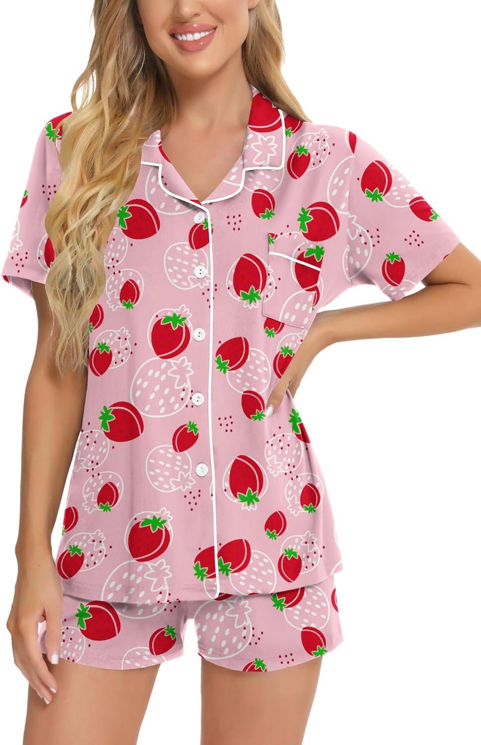 imageSWOMOG Womens Button Down Pajamas Set Short Sleeve Sleepwear Bride Soft Pj Lounge Sets XS3XLPink Strawberry