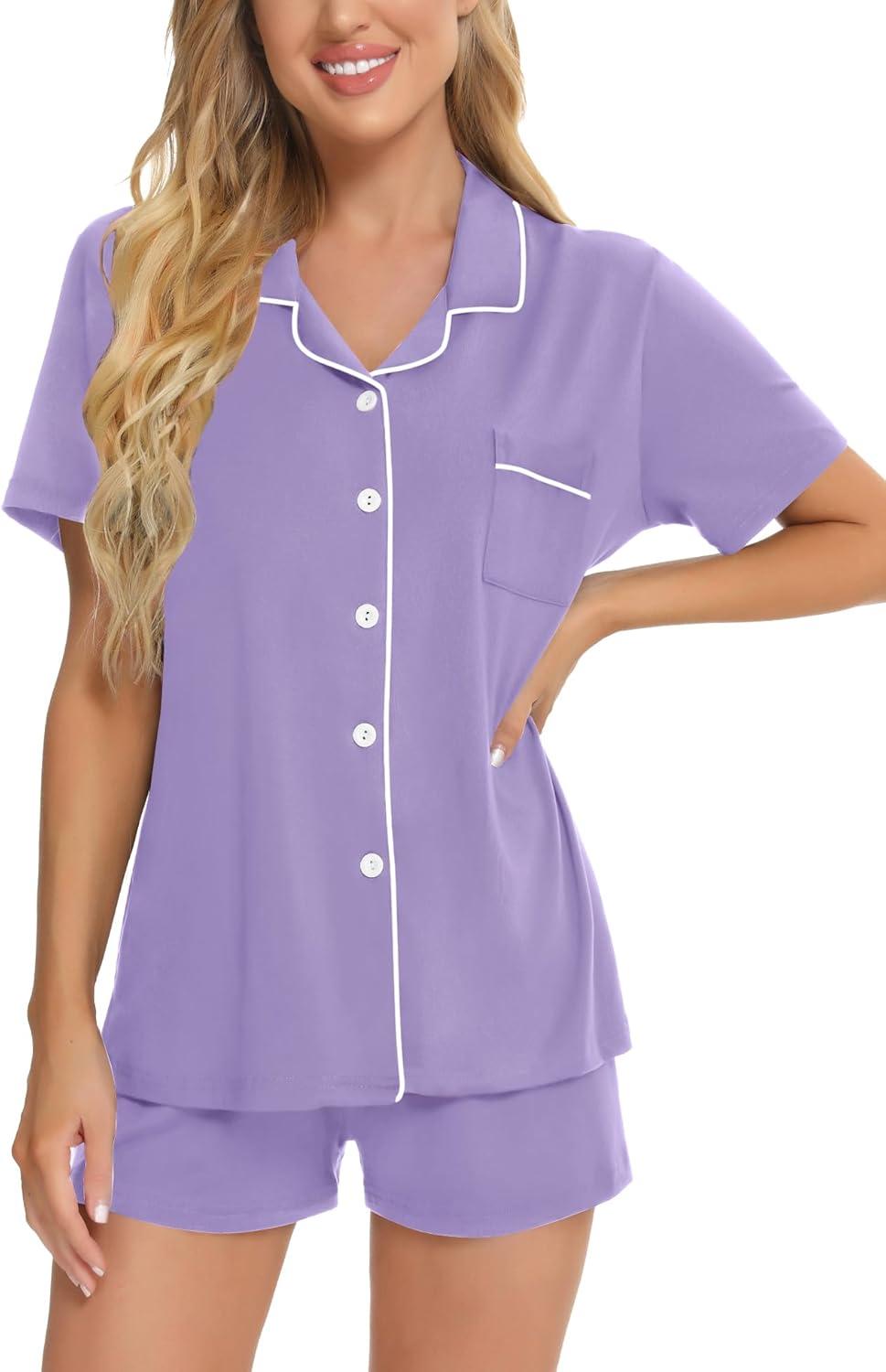 imageSWOMOG Womens Button Down Pajamas Set Short Sleeve Sleepwear Bride Soft Pj Lounge Sets XS3XLPurple