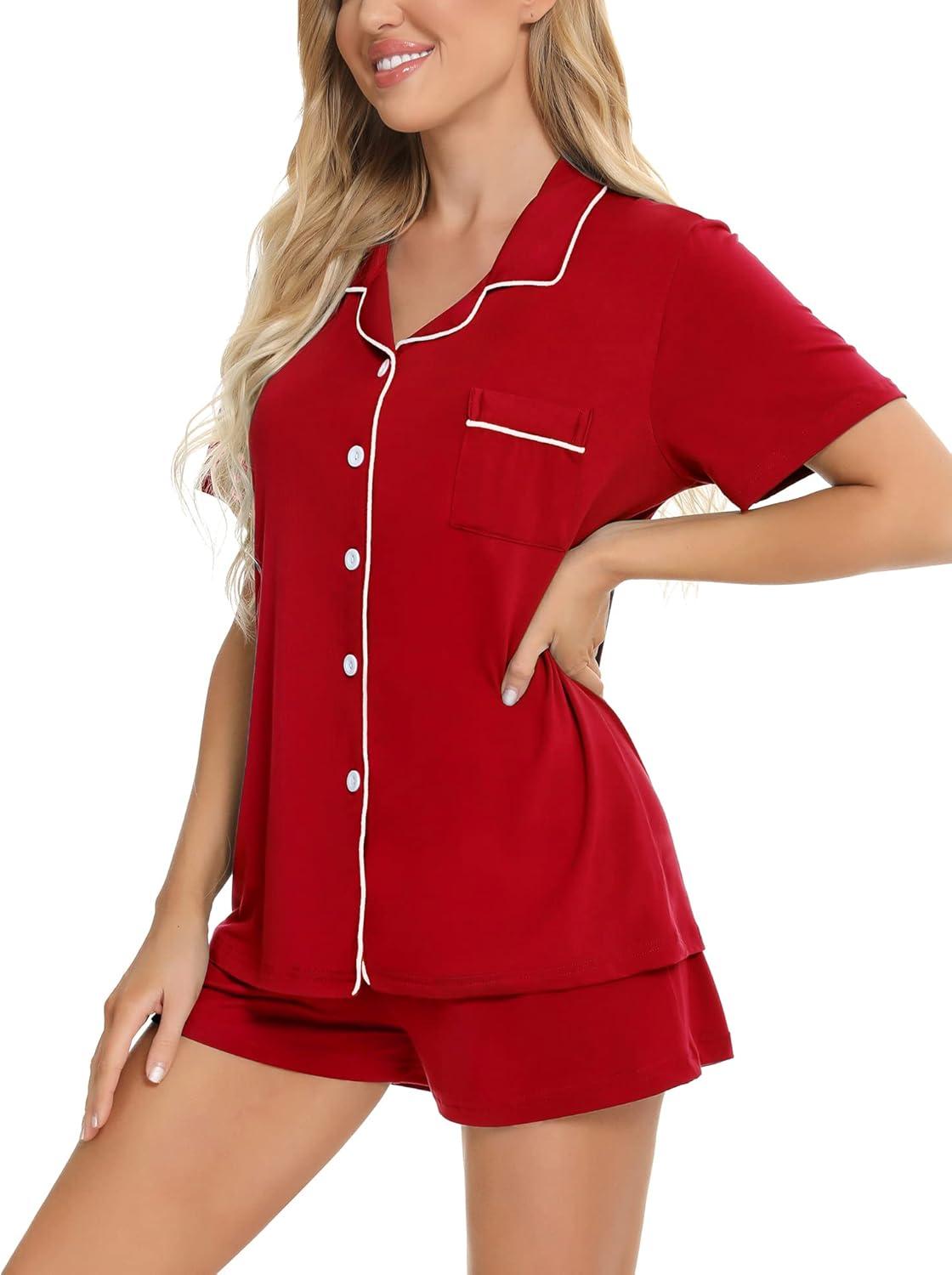 imageSWOMOG Womens Button Down Pajamas Set Short Sleeve Sleepwear Bride Soft Pj Lounge Sets XS3XLRed