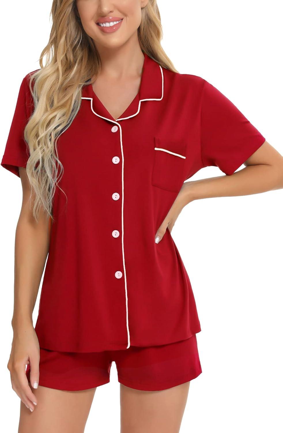 imageSWOMOG Womens Button Down Pajamas Set Short Sleeve Sleepwear Bride Soft Pj Lounge Sets XS3XLRed