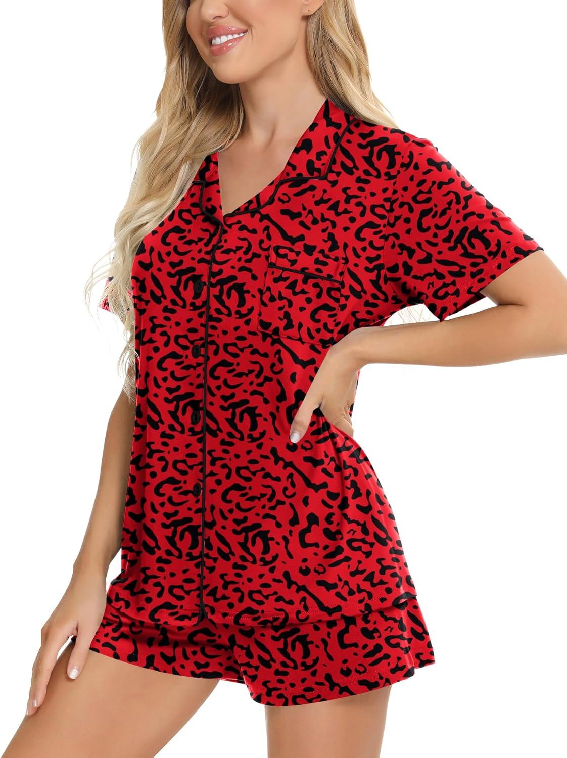 imageSWOMOG Womens Button Down Pajamas Set Short Sleeve Sleepwear Bride Soft Pj Lounge Sets XS3XLRed Leopard