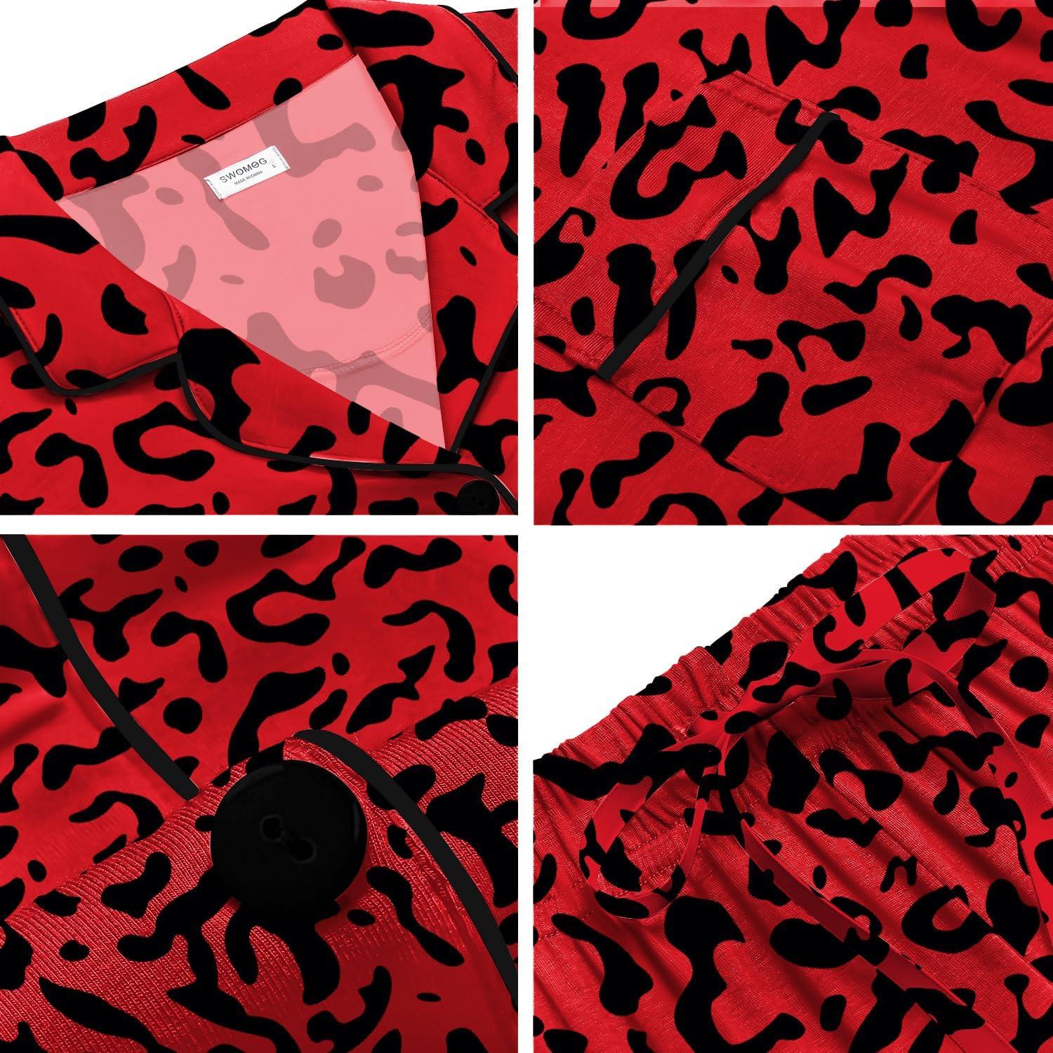 imageSWOMOG Womens Button Down Pajamas Set Short Sleeve Sleepwear Bride Soft Pj Lounge Sets XS3XLRed Leopard