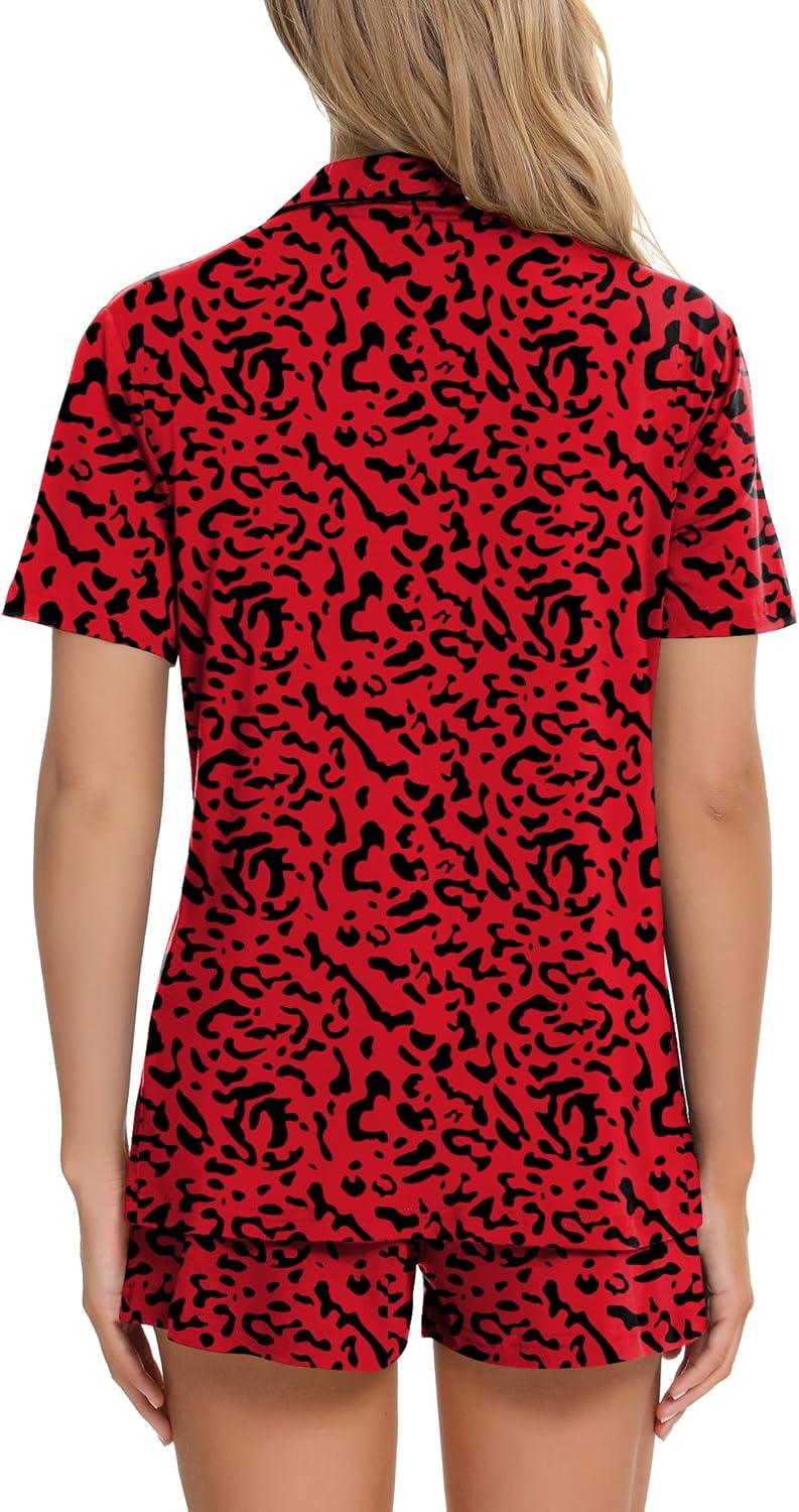 imageSWOMOG Womens Button Down Pajamas Set Short Sleeve Sleepwear Bride Soft Pj Lounge Sets XS3XLRed Leopard