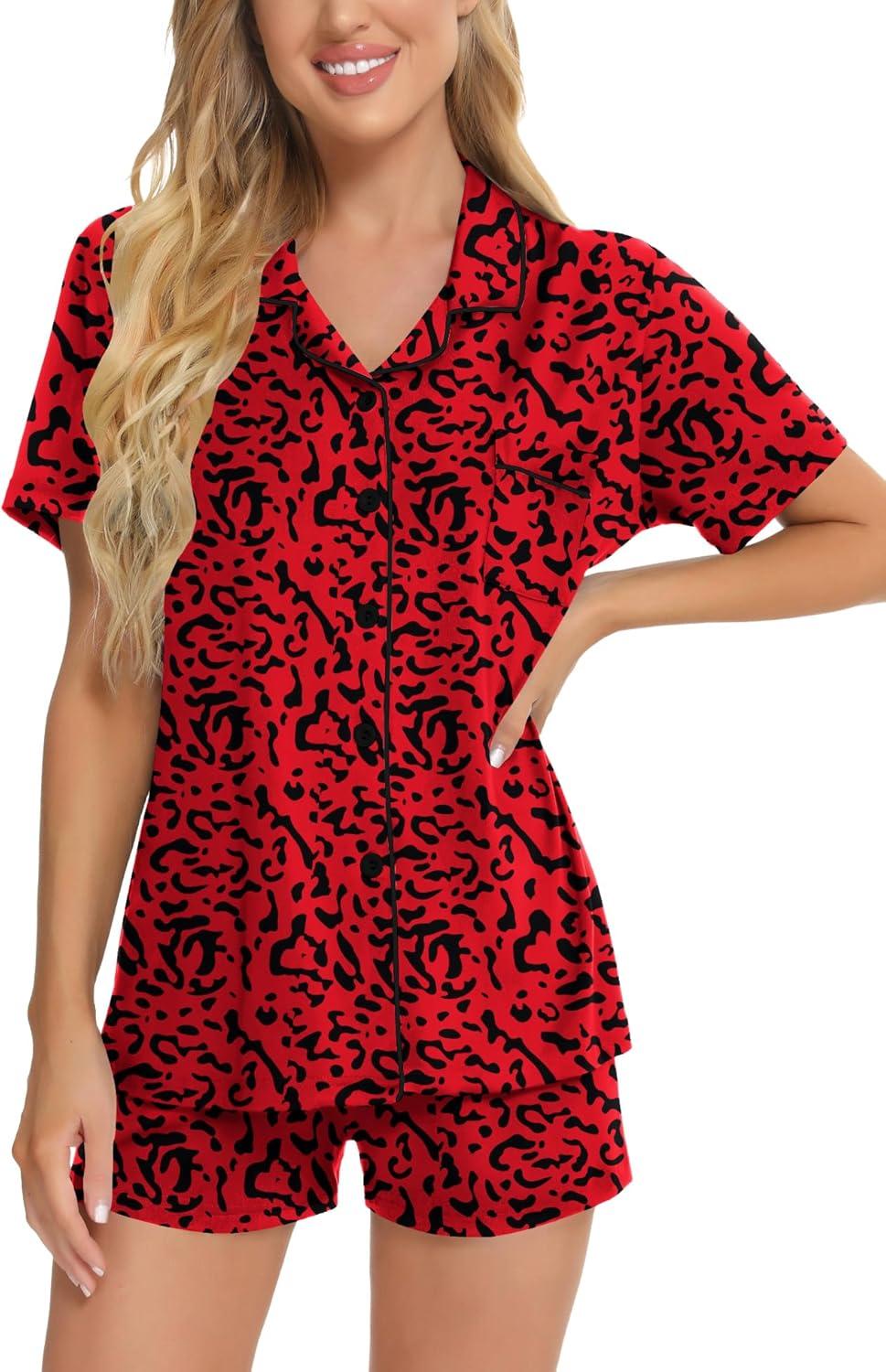 imageSWOMOG Womens Button Down Pajamas Set Short Sleeve Sleepwear Bride Soft Pj Lounge Sets XS3XLRed Leopard