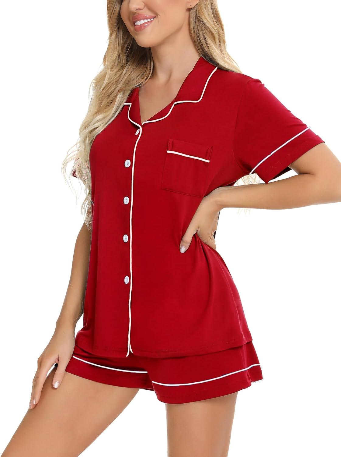 imageSWOMOG Womens Button Down Pajamas Set Short Sleeve Sleepwear Bride Soft Pj Lounge Sets XS3XLRed Piping Trim