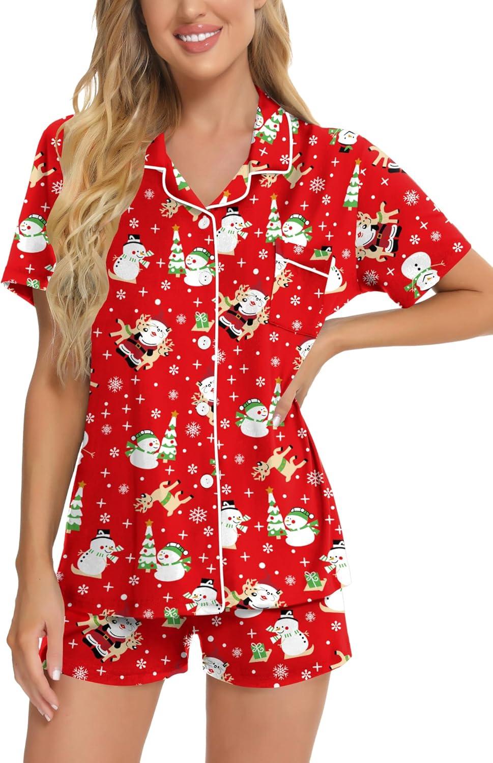 imageSWOMOG Womens Button Down Pajamas Set Short Sleeve Sleepwear Bride Soft Pj Lounge Sets XS3XLRed Snowman