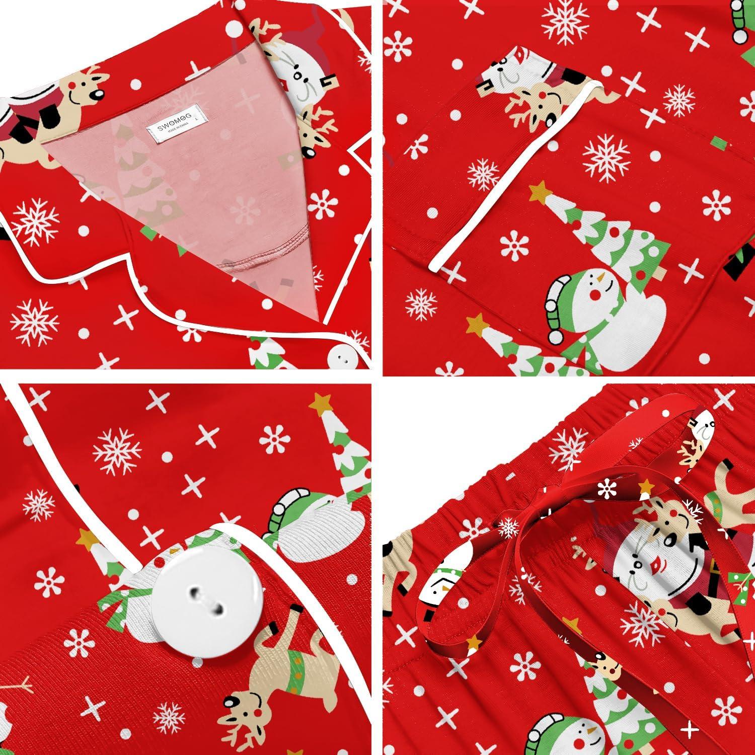 imageSWOMOG Womens Button Down Pajamas Set Short Sleeve Sleepwear Bride Soft Pj Lounge Sets XS3XLRed Snowman