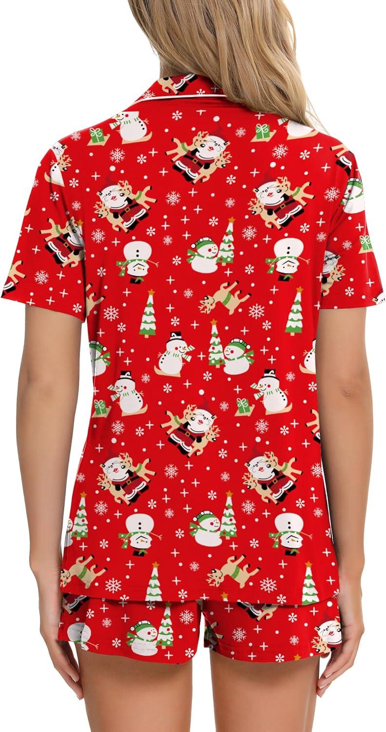 imageSWOMOG Womens Button Down Pajamas Set Short Sleeve Sleepwear Bride Soft Pj Lounge Sets XS3XLRed Snowman