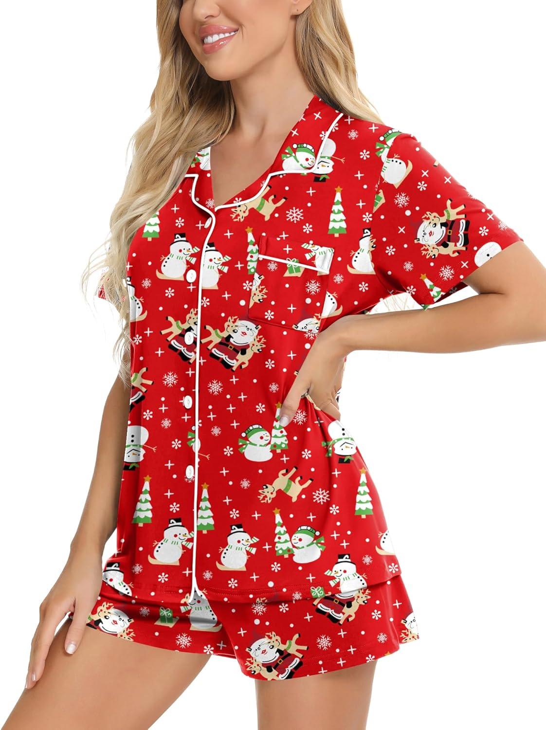 imageSWOMOG Womens Button Down Pajamas Set Short Sleeve Sleepwear Bride Soft Pj Lounge Sets XS3XLRed Snowman