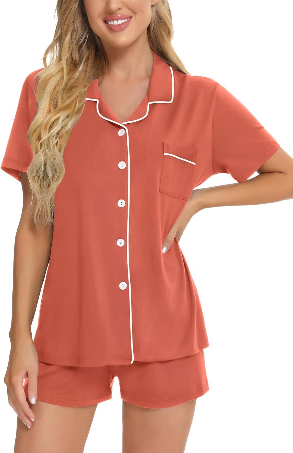 imageSWOMOG Womens Button Down Pajamas Set Short Sleeve Sleepwear Bride Soft Pj Lounge Sets XS3XLSalmon
