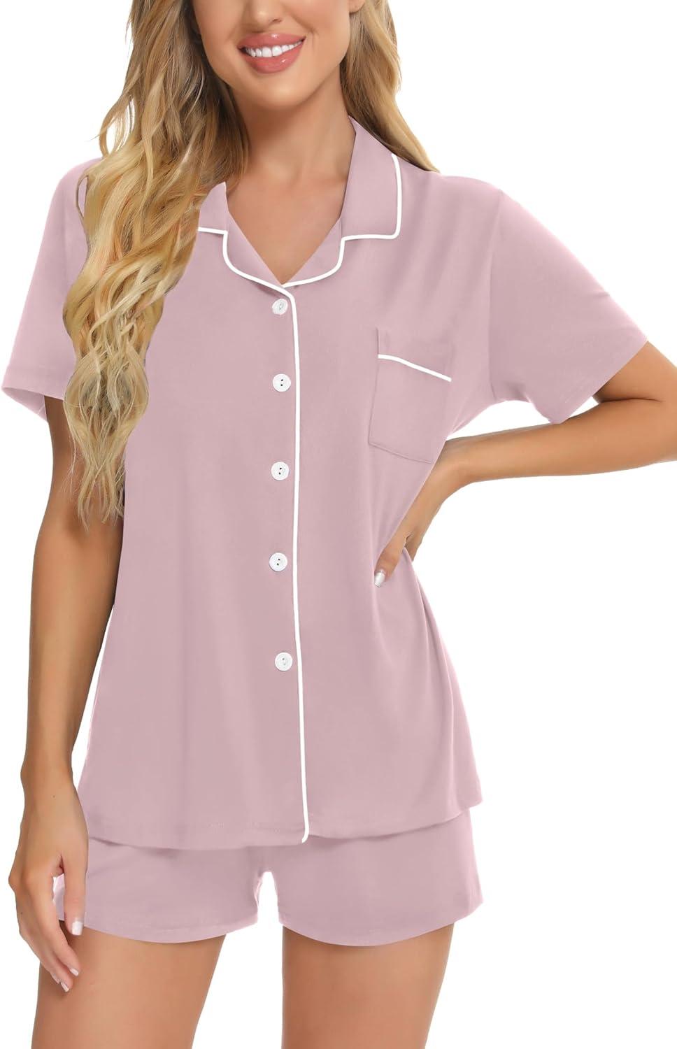imageSWOMOG Womens Button Down Pajamas Set Short Sleeve Sleepwear Bride Soft Pj Lounge Sets XS3XLTaro Pink
