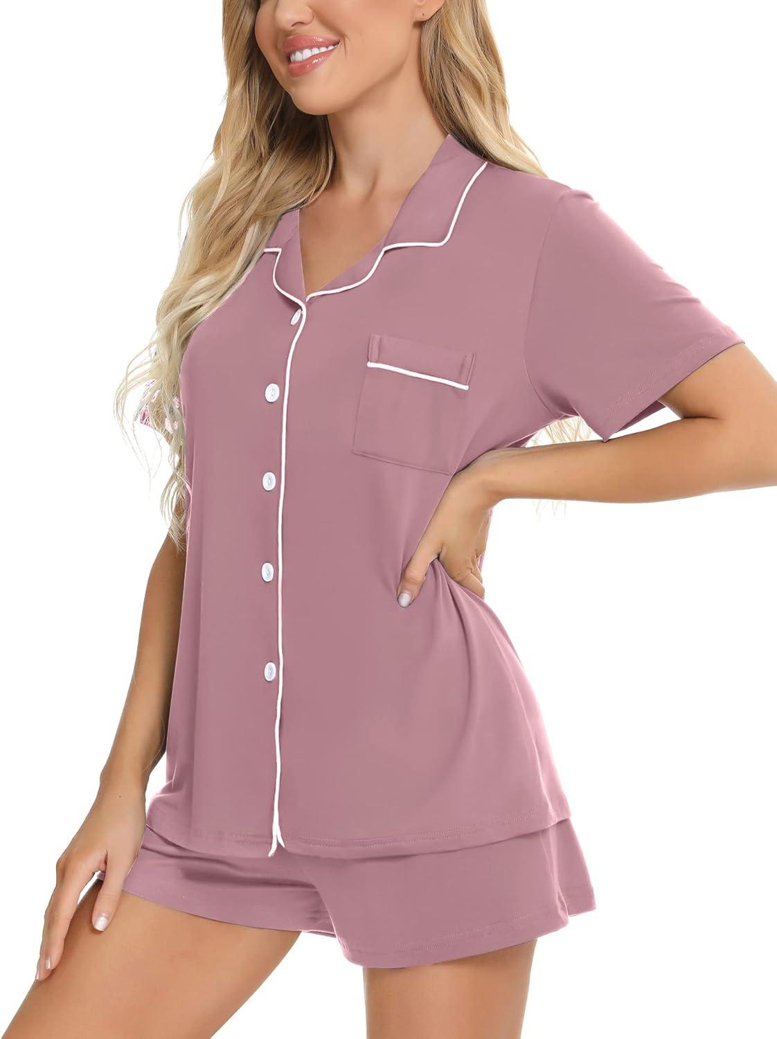 imageSWOMOG Womens Button Down Pajamas Set Short Sleeve Sleepwear Bride Soft Pj Lounge Sets XS3XLTaro Purple