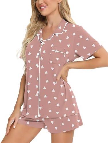 imageSWOMOG Womens Button Down Pajamas Set Short Sleeve Sleepwear Bride Soft Pj Lounge Sets XS3XLTaro Purple Heart