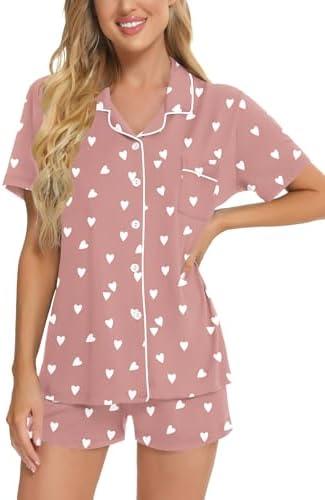 imageSWOMOG Womens Button Down Pajamas Set Short Sleeve Sleepwear Bride Soft Pj Lounge Sets XS3XLTaro Purple Heart