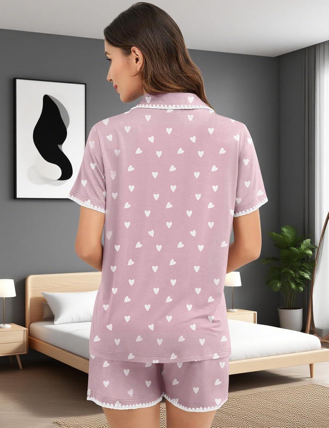 imageSWOMOG Womens Button Down Pajamas Set Short Sleeve Sleepwear Bride Soft Pj Lounge Sets XS3XLTaro Purple Heart With Wavy Trim