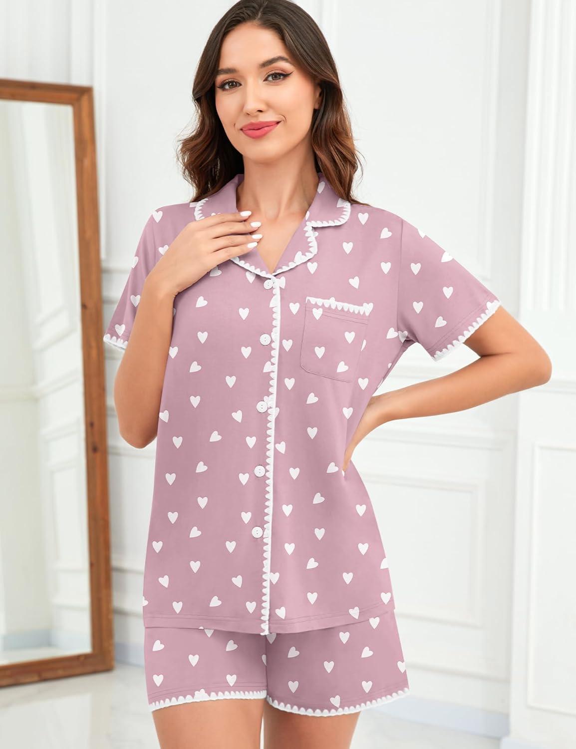 imageSWOMOG Womens Button Down Pajamas Set Short Sleeve Sleepwear Bride Soft Pj Lounge Sets XS3XLTaro Purple Heart With Wavy Trim